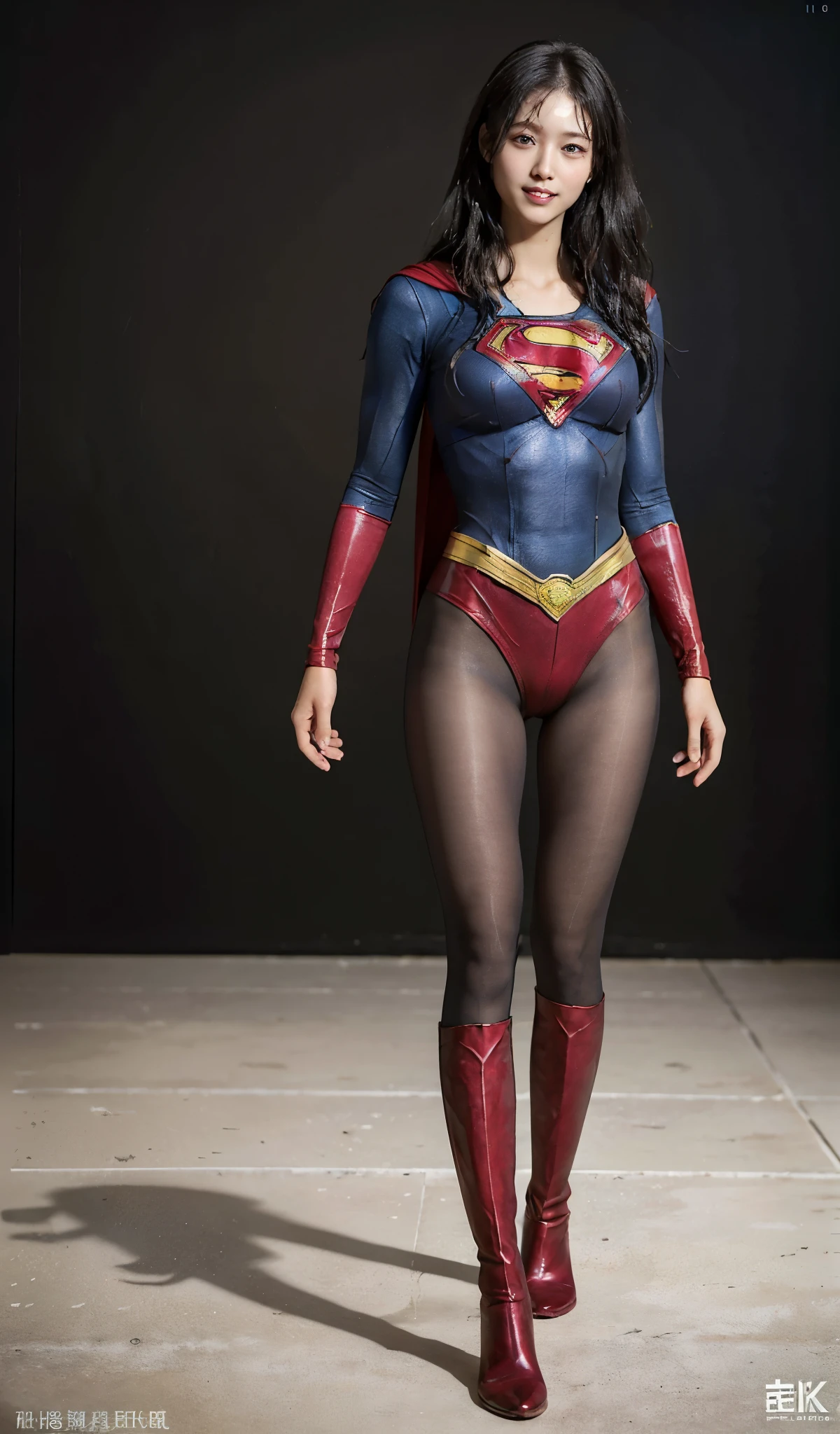 No background、(((Beautiful legs in black tights.)))、(((Legally express the beauty of your smile)))、((((Make the most of your original images)))、(((Supergirl Costume)))、(((Beautiful Hair)))、(((suffering)))、(((Please wear black tights....、Wear red boots)))、((Best image quality、8K))、((highest quality、8K、masterpiece:1.3))、(((Preserve background )))、Sharp focus:1.2、Beautiful woman with perfect figure:1.4、Thin abdominal muscles:1.2、Wet body:1.5、Highly detailed face and skin texture、8K