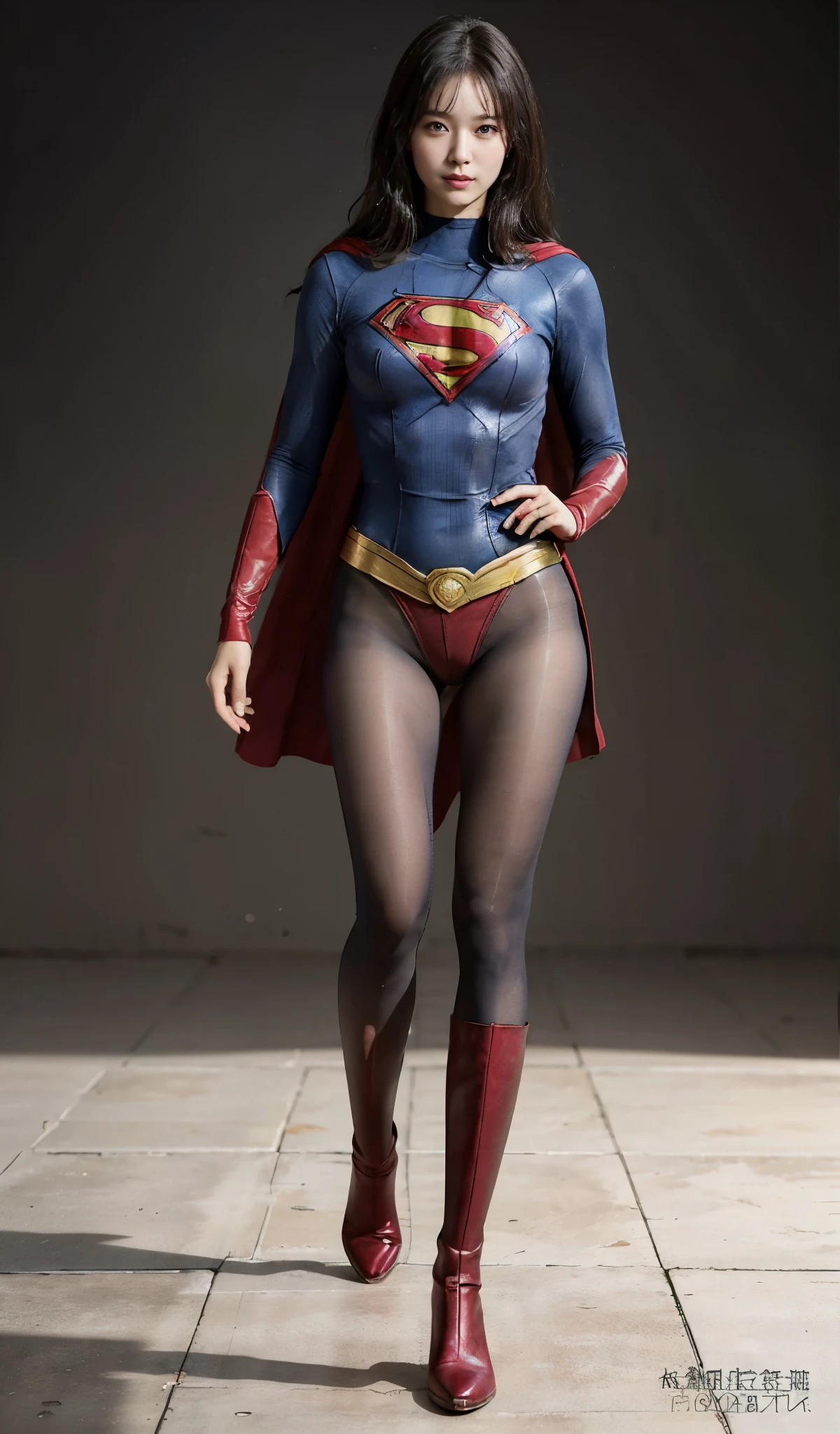 No background、(((Beautiful legs in black tights.)))、(((Legally express the beauty of your smile)))、((((Make the most of your original images)))、(((Supergirl Costume)))、(((Beautiful Hair)))、(((suffering)))、(((Please wear black tights....、Wear red boots)))、((Best image quality、8K))、((highest quality、8K、masterpiece:1.3))、(((Preserve background )))、Sharp focus:1.2、Beautiful woman with perfect figure:1.4、Thin abdominal muscles:1.2、Wet body:1.5、Highly detailed face and skin texture、8K