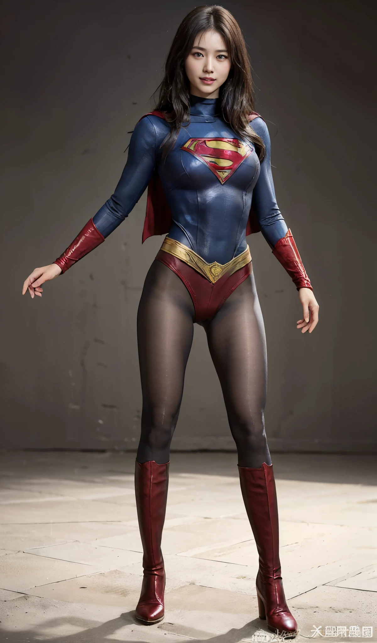 No background、(((Beautiful legs in black tights.)))、(((Legally express the beauty of your smile)))、((((Make the most of your original images)))、(((Supergirl Costume)))、(((Beautiful Hair)))、(((suffering)))、(((Please wear black tights....、Wear red boots)))、((Best image quality、8K))、((highest quality、8K、masterpiece:1.3))、(((Preserve background )))、Sharp focus:1.2、Beautiful woman with perfect figure:1.4、Thin abdominal muscles:1.2、Wet body:1.5、Highly detailed face and skin texture、8K