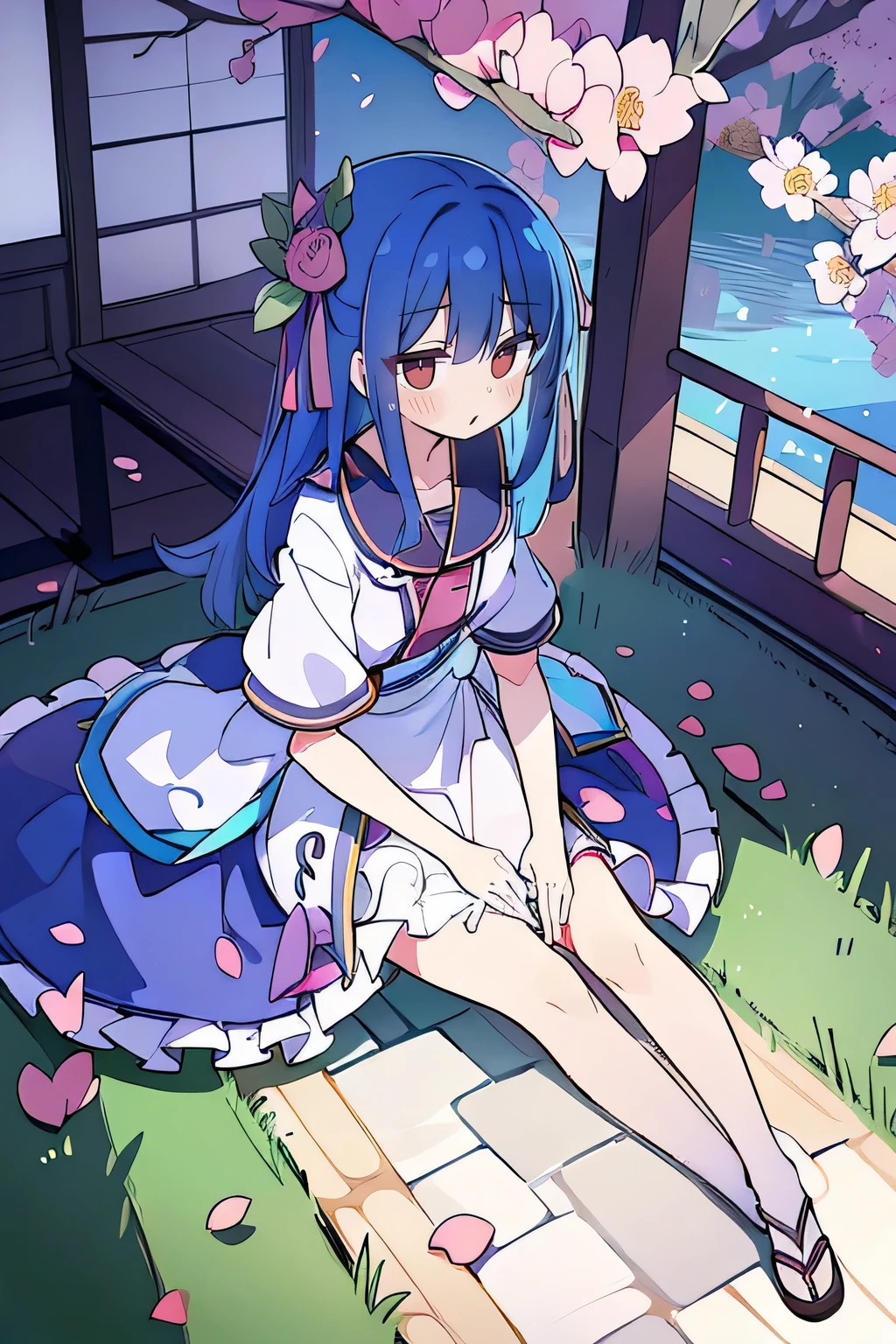 (best quality, masterpiece:1.2), expressive eyes, perfect face, 1 girl, hands on waist, beautiful, gorgeous, Japanese animation, Lola, Hinamori Angel, blue hair, floating clothes, waist grab, waist grab, hands on hips, sitting, sitting on the ground, legs on the ground, flat-chested, falling petals, sitting in a pavilion, pavilion.