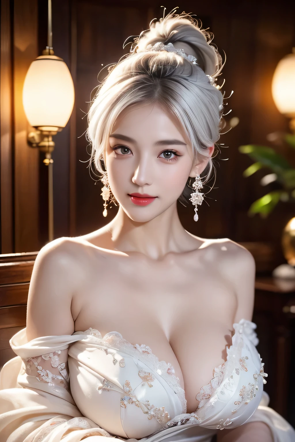 High-quality work,Realistic works,Super premium graphics,8K HD CG works,high quality graphics,High-definition and exquisite CG works,10x pixels,Ultra-fine details:1.1,Advanced technical details:1.1Realistic photo effects,Interior lighting effects:1.5,natural soft light:1.5. Light effect(Virtual light effects:1.8),ultra high resolution,shining dress,sliver long hair,silber hair,transparenthair,high detailed hair(Quality hair details:1.1)Clear eyes,Double eyelids look good,Sharp eye makeup, Create exquisite eyelash makeup, tthin eyebrows, Ultra-detailed eyes,a tall nose, lovely red lips, rosey cheeks, With delicate makeup on her face , pretty face, The face shape is perfectly proportioned,(Advanced facial details:1.1)delicated best quality ,masterpiece, illustration, an extremely delicate and beautiful, extremely detailed ,CG ,unity ,8k wallpaper, Amazing, finely detail, masterpiece,best quality,official art,extremely detailed CG unity 8k wallpaper, absurdres, incredibly absurdres, huge filesize , ultra-detailed, highres, extremely detailed,beautiful detailed girl, extremely detailed eyes and face, beautiful detailed eyes,light on face,1girl, (Nahida/genshin impact), (Super realistic), (((white hair))), (ponytail tied high to one side), (green eyes), (Detailed description of the eye), ((hair jewelry)), (((describe the arm in detail))), ((charming lingerie)), (((Super ))), (saggy breasgiant breasts)), (ow's udder), ((Big ass)), ((thighs)), lump body)), (Big breasts), ((Plump detailed description or), jewelry, (gem earrings), ((upper body)), (Bare shoulder), ((collarbone)), ((off shoulder)), (Shiny skin), (Detailed description of eyes), (detailed description of face), (detailed description of body), (white and translucent skin), peerless beauty, (extreme beauty), (red lips), (shy ), ( smile), (facing the viewer), ((facing)), (((cherry bloss,Women's artwork,Dress full body video,Realism,Amazing Cleavage,My eyes are very bright today