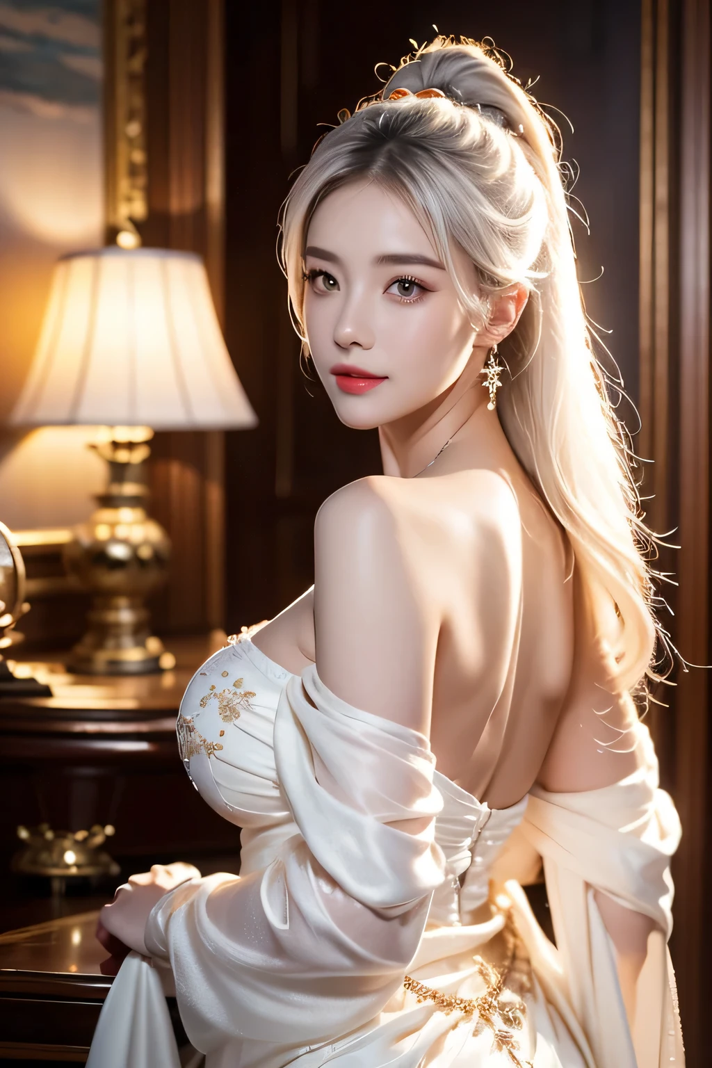 High-quality work，Realistic works，Super premium graphics，8K HD CG works，high quality graphics，High-definition and exquisite CG works，10x pixels，Ultra-fine details：1.1，Advanced technical details：1.1Realistic photo effects，Interior lighting effects：1.5，natural soft light：1.5. Light effect（Virtual light effects：1.8），ultra high resolution，shining dress，sliver long hair，silber hair，transparenthair，high detailed hair（Quality hair details：1.1）Clear eyes，Double eyelids look good，Sharp eye makeup, Create exquisite eyelash makeup, tthin eyebrows, Ultra-detailed eyes，a tall nose, lovely red lips, rosey cheeks, With delicate makeup on her face , pretty face, The face shape is perfectly proportioned,（Advanced facial details：1.1）delicated best quality ,masterpiece, illustration, an extremely delicate and beautiful, extremely detailed ,CG ,unity ,8k wallpaper, Amazing, finely detail, masterpiece,best quality,official art,extremely detailed CG unity 8k wallpaper, absurdres, incredibly absurdres, huge filesize , ultra-detailed, highres, extremely detailed,beautiful detailed girl, extremely detailed eyes and face, beautiful detailed eyes,light on face,1girl, (Nahida/genshin impact), (Super realistic), (((white hair))), (ponytail tied high to one side), (green eyes), (Detailed description of the eye), ((hair jewelry)), (((describe the arm in detail))), ((charming lingerie)), (((Super boobs))), (saggy breasts), ((giant breasts)), ((milk cow's udder), ((Big ass)), ((thighs)), ((Plump body)), (Big breasts), ((Plump boobs)),, (detailed description of hair), jewelry, (gem earrings), ((upper body)), (Bare shoulder), ((collarbone)), ((off shoulder)), (Shiny skin), (Detailed description of eyes), (detailed description of face), (detailed description of body), (white and translucent skin), peerless beauty, (extreme beauty), (red lips), (shy ), ( smile), (facing the viewer), ((facing)), (((cherry bloss，Women's artwork，Dress full body video，Realism，Amazing Cleavage，My eyes are very bright today

