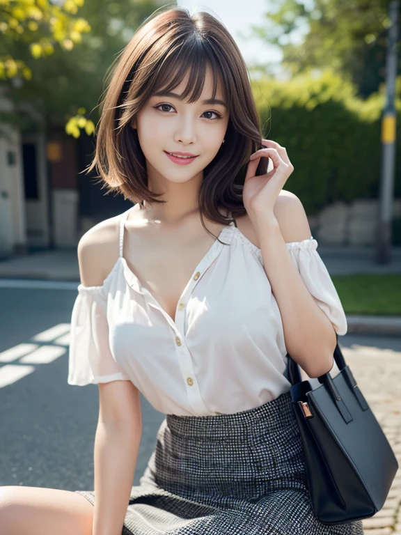 (Ultra-realistic), (High resolution), (8k), (very detailed) (beautifully detailed eyes),masterpiece, Best image quality, high quality,(super detailed), (wallpaper), (detailed face), The whole body is visible、above the knee image、Beautiful legs、thin脚、Look at me,Beautiful woman, Japanese, detailed, detailed eyes, detailed skin, Beautiful Skin, 超High resolution, (reality: 1.4),so beautiful, Beautiful Skin, thin, The finer details, detailed face, Look straight ahead, Al Photography, Bright lighting, Professional Lighting, Iris、brown hair, Short hair swaying in the wind, Stylish bangs、thin眉毛、smile、flat chest、 neat woman, natural beauty、 light makeup 、thinウェスト、skirt、Lace blouse、Feminine office style、Owns a casual tote bag、Jump