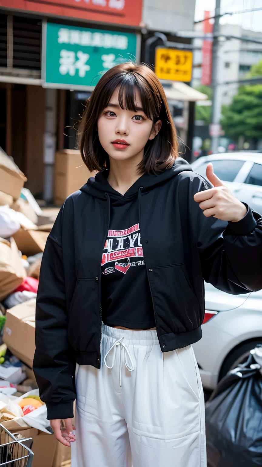 18-year-old,Korean women,(((Facing forward))),カメラをGlaring,(Very fine eye), (((Fabric Shading))), (((highest quality))), (((masterpiece))) strong girl, (((Realistic))), Black Hair, chic hairstyle, ((With bangs,Straight medium bob cut, nice hair)), Light makeup,Red eyes, I'm not wearing lipstick,(((Retro-futuristic outfits))), (nice, strong, It Girl), Strong night atmosphere, Centered Images, Focus on the camera, Elegant colors,Realistic Skin,Realistic texture,8k,whole body,Pale skin, (((Dirty garbage dump))),A huge amount of trash,Red iris,Expressionless,(((He is wearing a big black down jacket. ))),Glaring,Perfect Face,(((Big eyes))),She is wearing wide black hip-hop style pants.,Mouth closed, portrait of aespaのウィンター,She is wearing black streetwear, Woman in black streetwear, Photo of a woman in black tech clothing, Girl wearing black hoodie, Cyberpunk Streetwear, Cyberpunk Streetwear street fashion e-girl,Perfect thumbs up