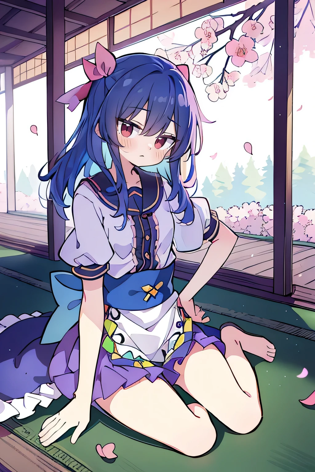 (best quality, masterpiece:1.2), expressive eyes, perfect face, 1 girl, hands on waist, beautiful, gorgeous, Japanese animation, Lola, Hinamori Angel, blue hair, floating clothes, waist grab, waist grab, hands on hips, sitting, sitting on the ground, legs on the ground, flat-chested, falling petals, sitting in a pavilion, pavilion.