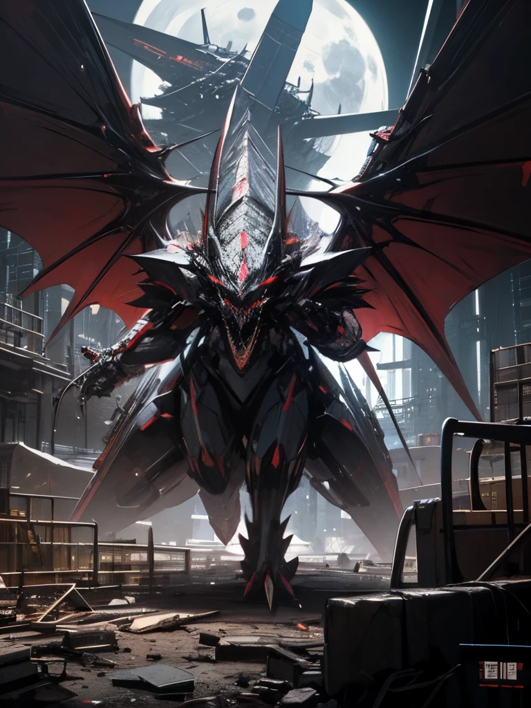 armed mechanical dragon, gigantic weapon, mechanical wings, large cannon, flying, cyberpunk, moonlight, night, sharp teeth, no humans, multiple missile pod, magic circle, red eyes, collapsed building,
high resolution, masterpiece, best quality, ultra detailed, super fine illustration,