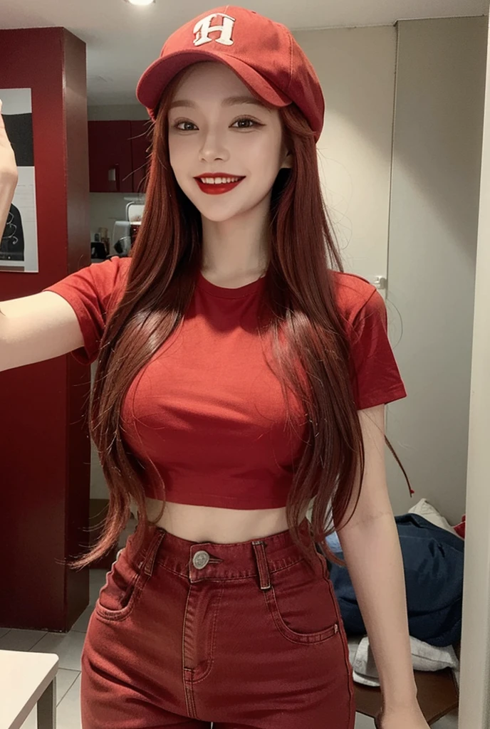 1woman, long hair, red hair, red cap in head, red lipstick, smile, red normal t-shirt, blue jeans pant,