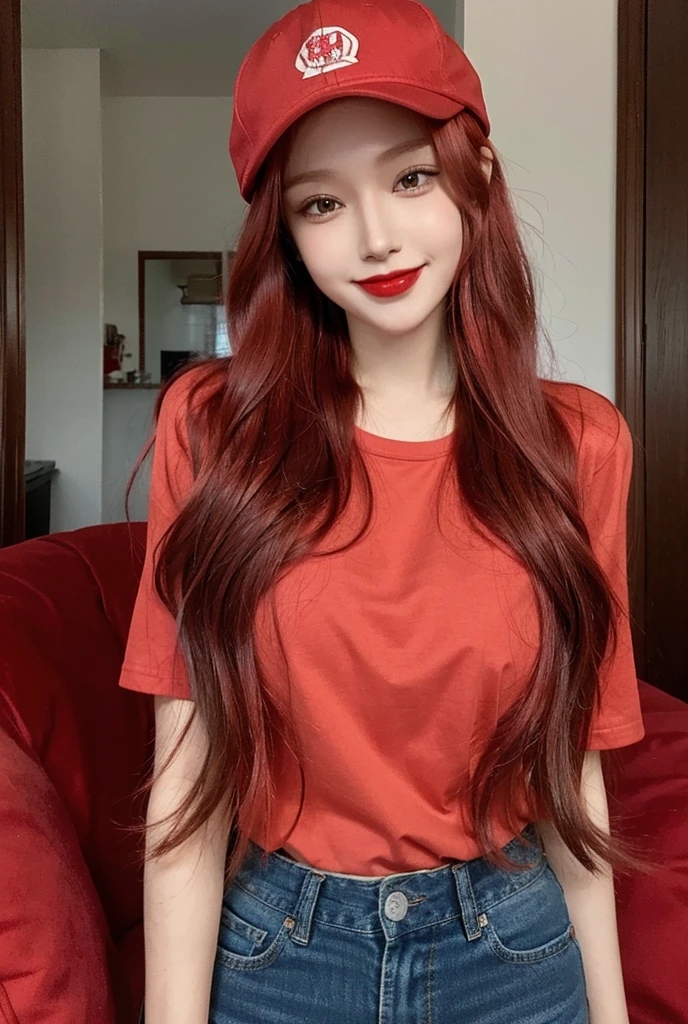 1woman, long hair, red hair, red cap in head, red lipstick, smile, red normal t-shirt, blue jeans pant,