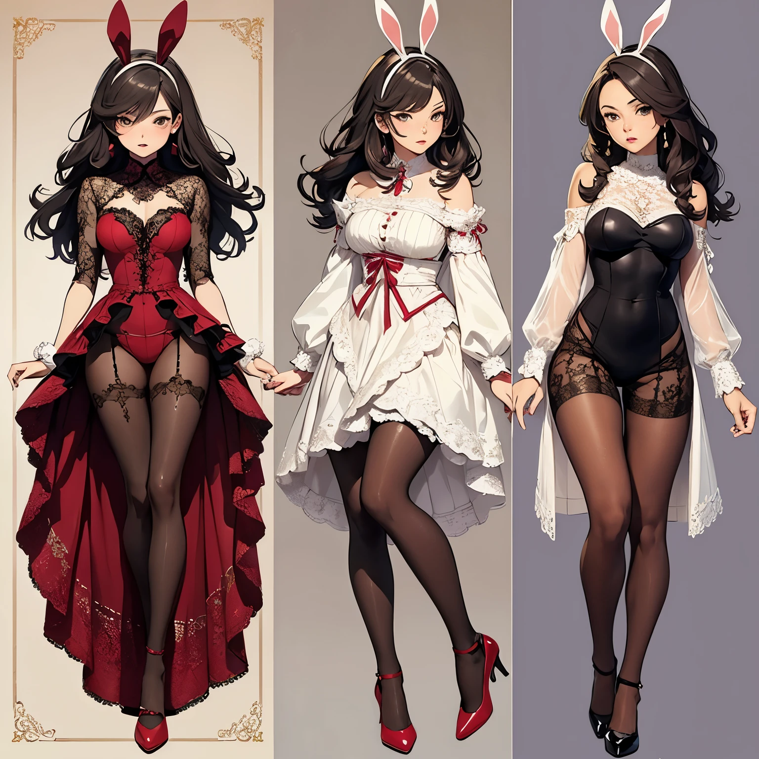 Masterpiece, Highest quality, Detailed face, CharacterDesignSheet,perfectly proportions,full bodyesbian,Full of details, Multiple poses and expressions, Highly detailed, beautiful goddess woman,black in color,Wear a rabbit outfit,Star decoration,Lace,lacepantyhose, High Balance,Natural light