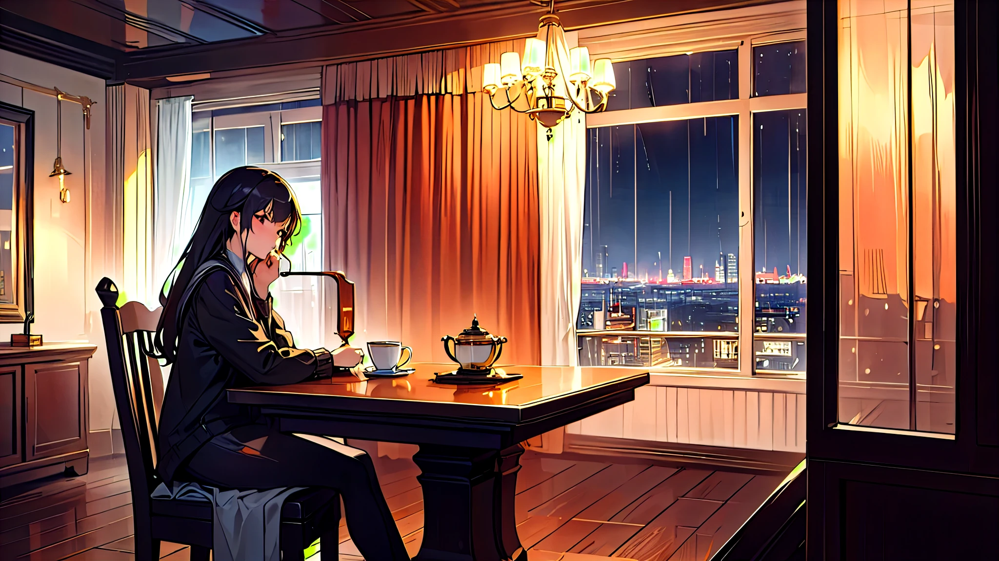 ((Masterpiece、Ultra-high resolution、8k resolution、highest quality))、night、nightのカフェ、One Girl、Sitting in a seat、Drinking coffee、indoor、It's raining outside the window