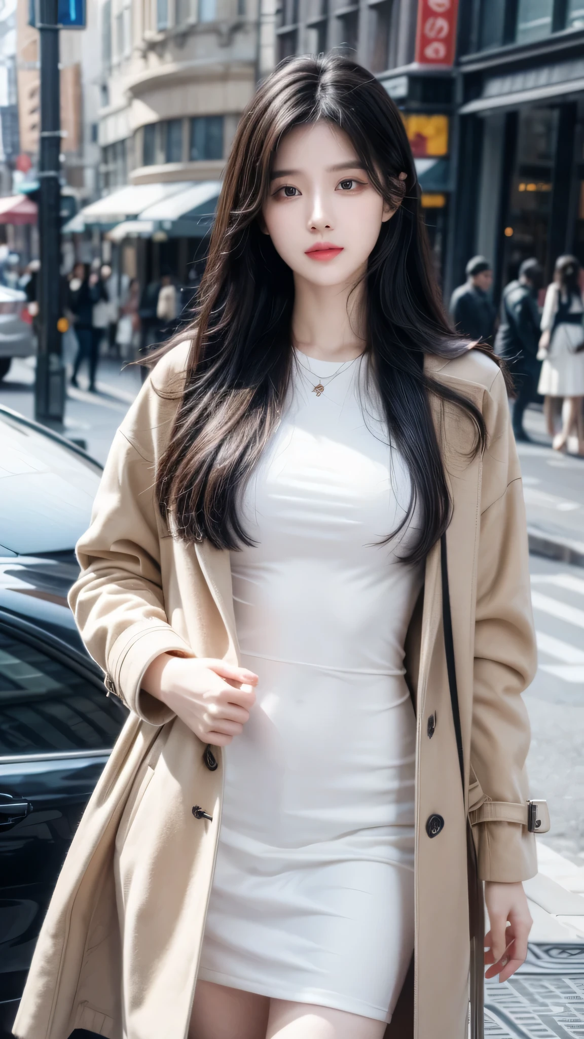 A woman in a white dress and trench coat walking down a street - SeaArt AI