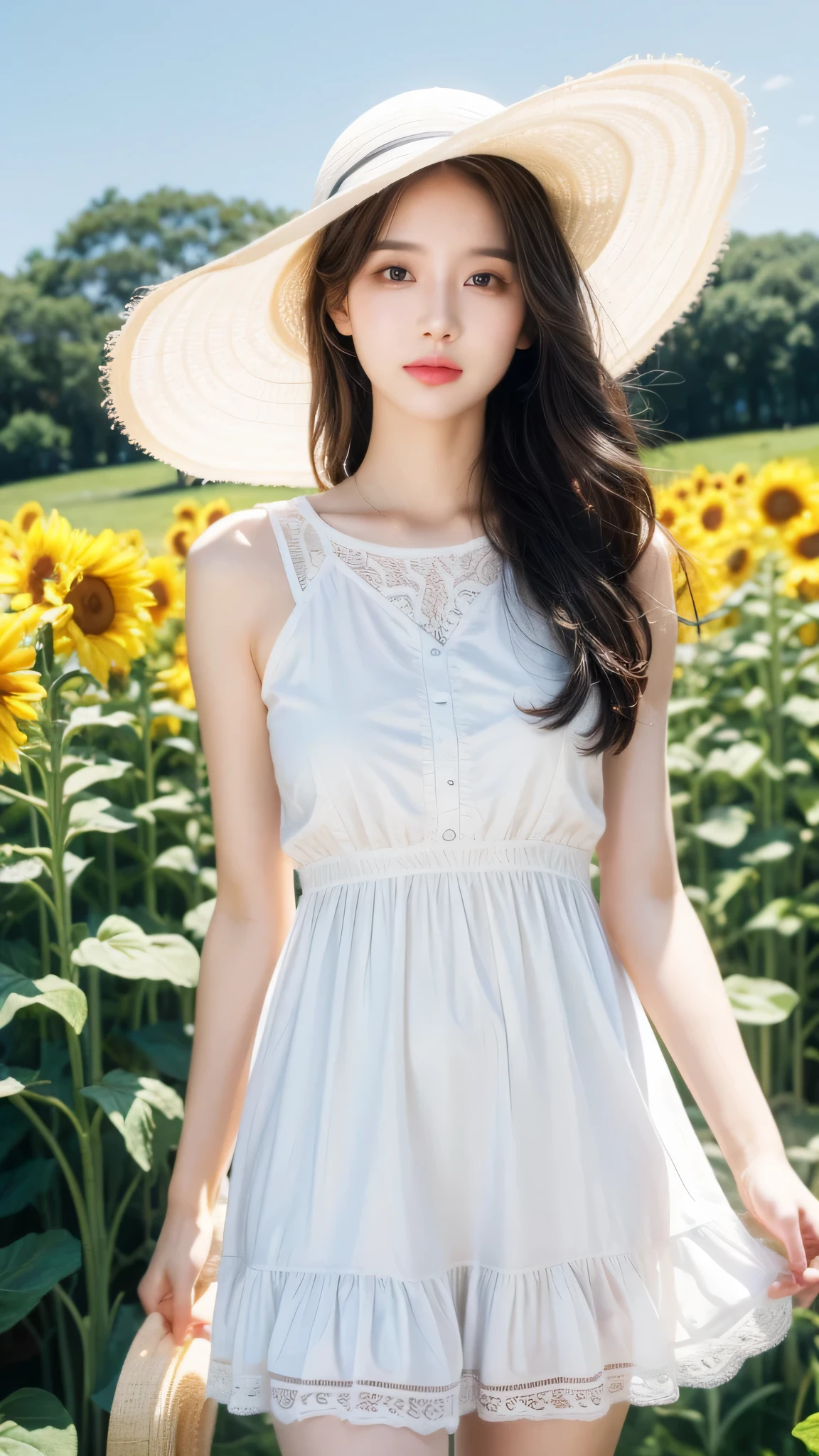 send,1 Girl,Solitary, (white lace dress:1.2),floating dress (sun hat:1.2), Sunflower fields, under the sun, A faint smile,Looking at the audience, Wind, Dynamic, Strong light and shadow,Dynamic pose,