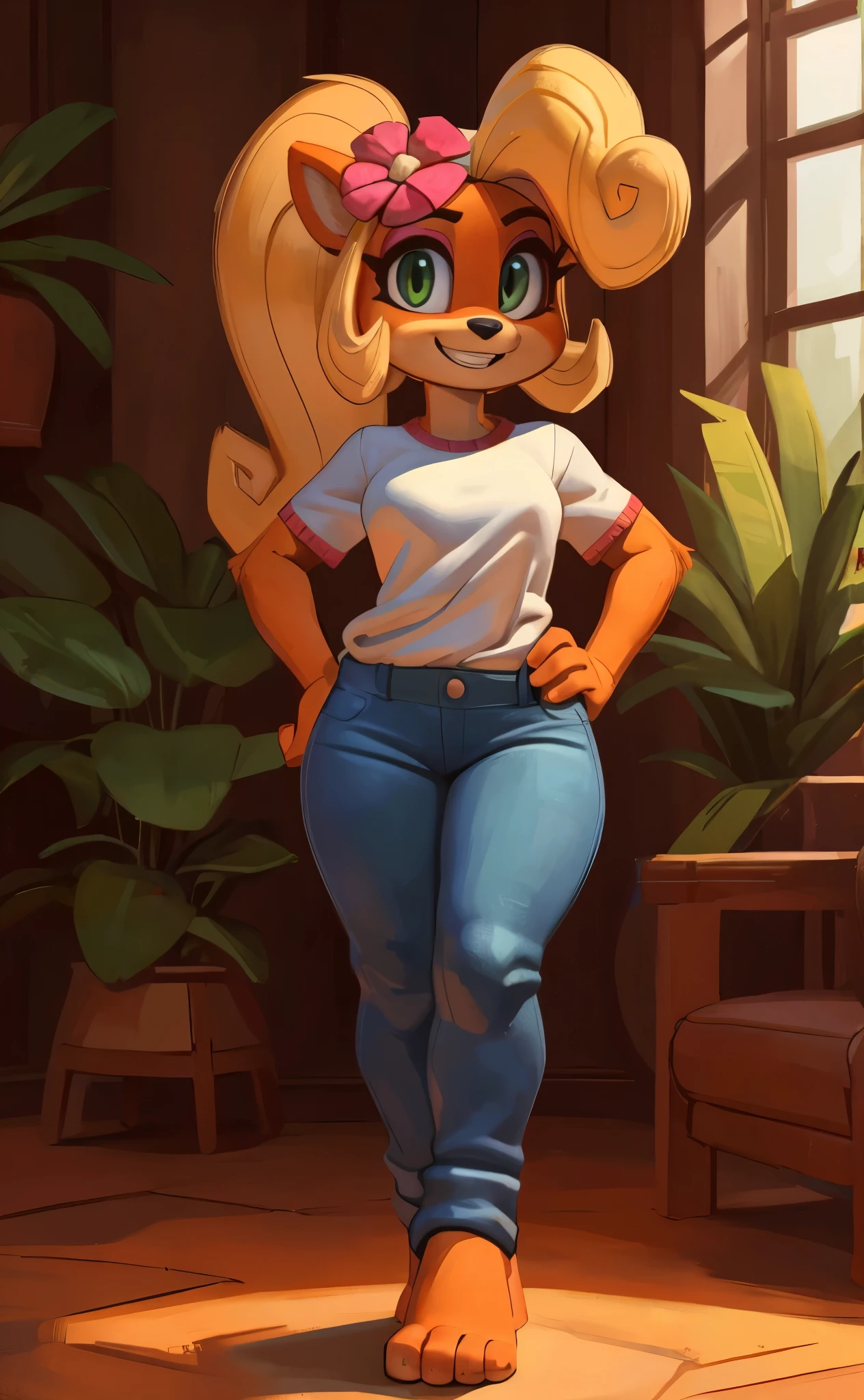 [Coco bandicoot], [Uploaded to e621.net; (wamudraws), (Pixelsketcher)], ((masterpiece)), ((HD)), ((high res)), ((solo portrait)), ((full body)), ((front view)), ((feet visible)), ((furry; anthro)), ((detailed fur)), ((detailed shading)), ((beautiful render art)), ((intricate details)), {anthro; orange fur, black nose, (cute green eyes), (short eyelashes), (pink eyeshadow), blonde curly hair, curly ponytail, (curvy hips), (beautiful legs), (beautiful feet), (humanoid feet), (sexy toes), (cute grin), (excited expression)}, {(white tee shirt), (tight jeans), (pink flower in hair)}, {(standing), (hands on hips), (crossed legs), (looking at viewer)}, [background; (tropical forest), (living room), (window), (blue sky), (sun rays), (ambient lighting)]