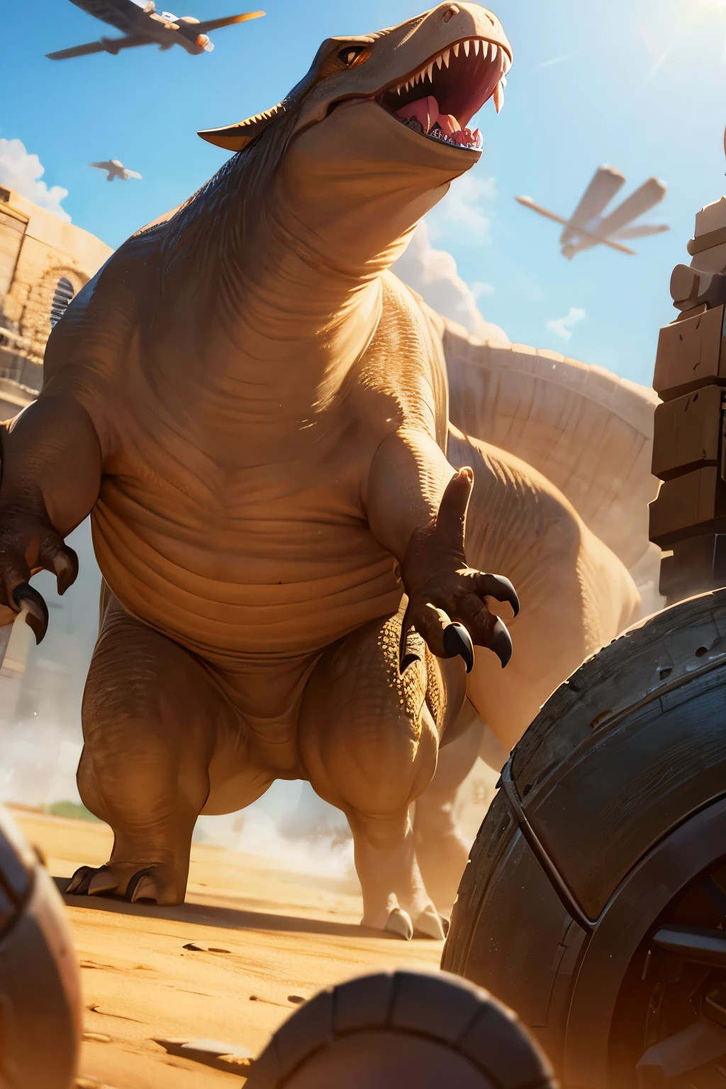 Two dinosaurs、Fight with weapons、Carrying a missile、fly in the sky