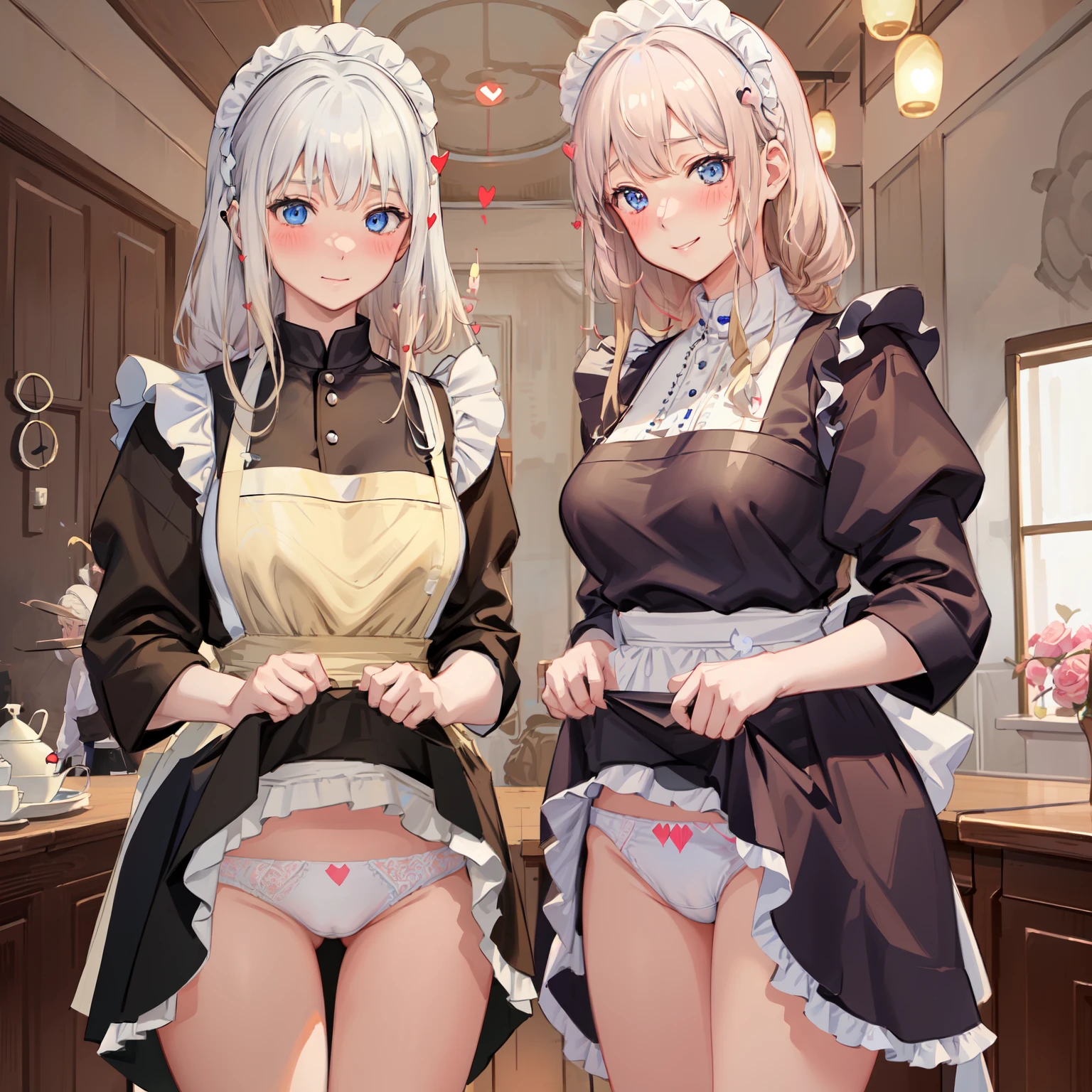 highest quality、masterpiece、((2 girls))、((smile))、(blush:1.3)、Black Shirt、blouse、((fun!!))、(Small breasts)、(One-strand braid)、(Blonde)、()、((White apron:1.5))、((Maid))、((hair ornaments)),、Kamimei、look at me、 ((in house:1.5))、 Taking a break from watching the audience、Cowboy Shot、(Skirt lift:1.3),(Highly detailed white panties:1.3)、(Highly detailed panties:1.3)、、(スカート that rolls up:1.3)、(Panties fully exposed:1.5)、Light blue eyes、long hair、((spoken heart:1.5))