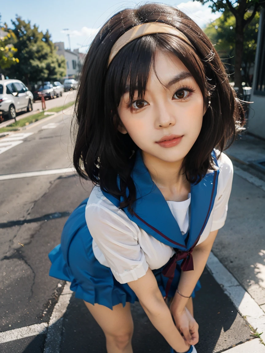 (1 lady), (Best quality at best:1.4), (ultra - detailed), (extremely detailed CG unified 16k), A Beautiful Woman with Perfect Figure: 1.4, Sharp Focus: 1.2, very detailed, High-definition RAW color photo, professional photoshooting, amazing face and eyes, cosmetics, (amazingly beautiful girl), ((suzumiya haruhi)), ((kita high sch0ol uniform, blue sailor collar, blue skirt, armband, hairband, medium hair, ribbon, socks)), standing posture, (look from down), realistic cinematic face, head to feet long wide zoomed out view, full body long view, photorealistic, ((realistic natural caramel brown hair style, brown eyes)), gorgeous, extremely beautiful face, perfect model beauty, pout mouth, Highly Detailed Face and Skin Texture, Detailed Eyes, Double Eyelids, Medium Breasts, joy expression, joyful face, cleavages, western, (masterpiece), best quality, high resolution, extremely detailed, depth of field, cinematic lighting, amazing legs, high heels, clear and well-cared skin, (background: nature, tree, park)