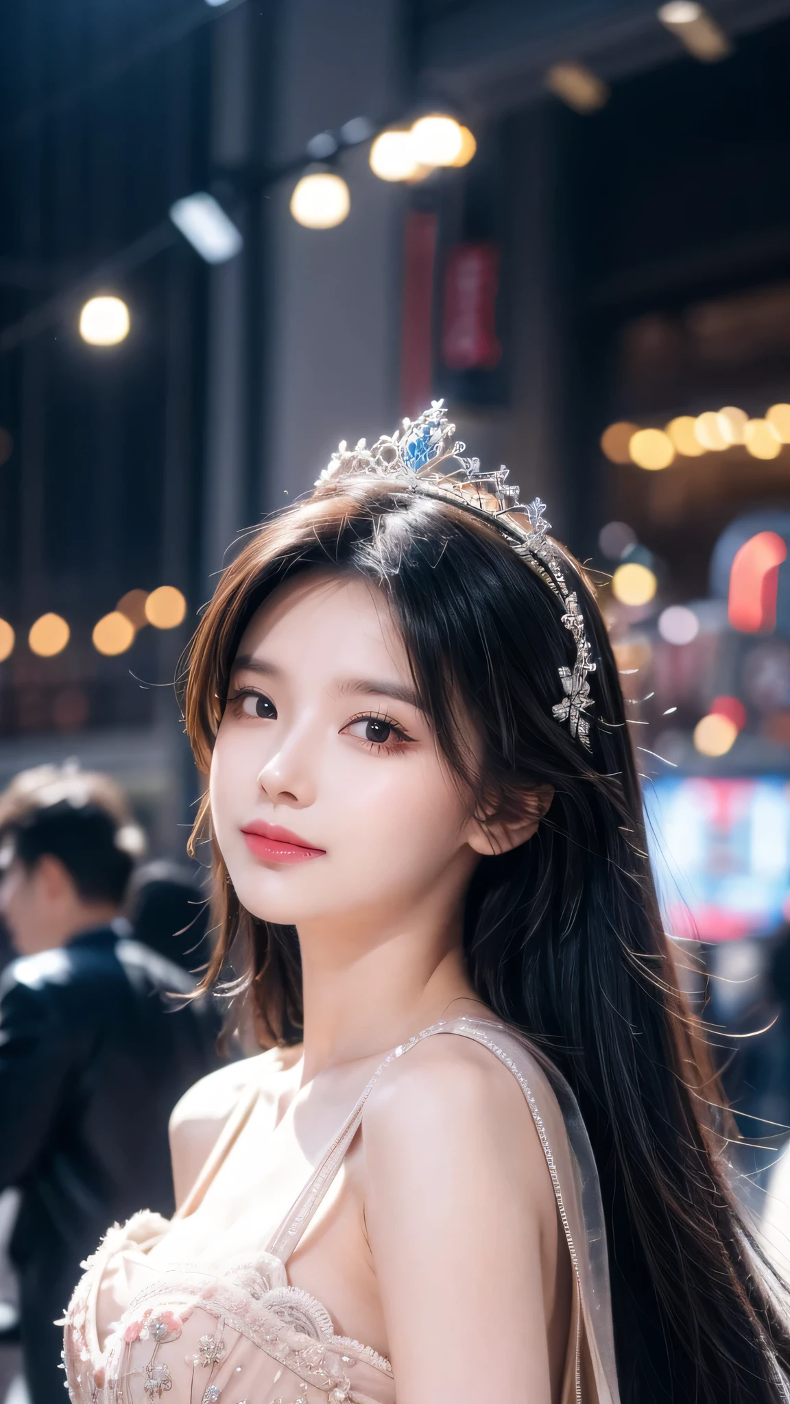 (8k, original photo, best quality, masterpiece:1.2), (Practical, photo-Practical:1.37), Super detailed, Ultra-high resolution, twtzuyu, 1 girl,Looking at the audience,Smile, ((Wearing a crown)), Queen, Beautiful and delicate eyes, (Flowing hair), Detailed clothes, Texture, Movie Lighting, Professional lighting,