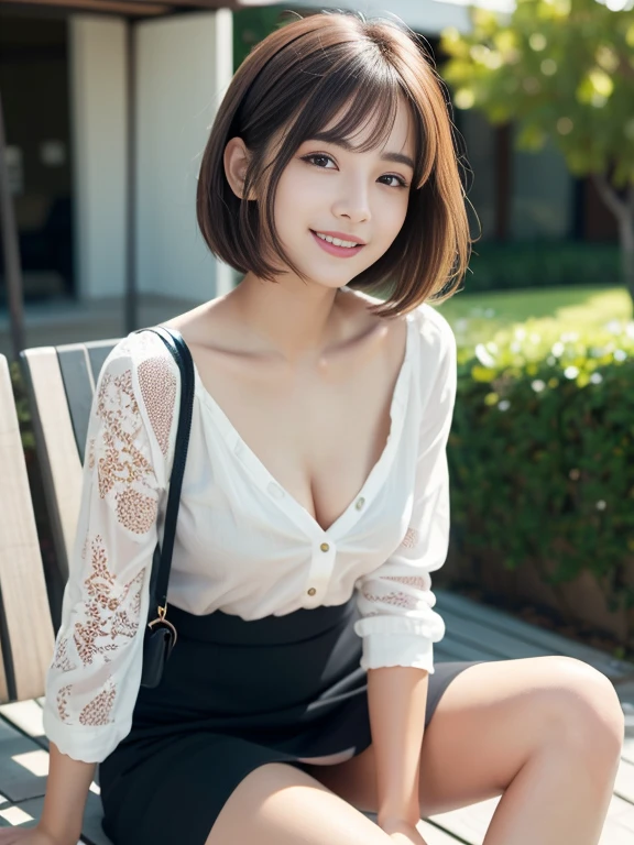 (Ultra-realistic), (High resolution), (8k), (very detailed) (beautifully detailed eyes),masterpiece, Best image quality, high quality,(super detailed), (wallpaper), (detailed face), The whole body is visible、above the knee image、Beautiful legs、thin脚、Look at me,Beautiful woman, Japanese, detailed, detailed eyes, detailed skin, Beautiful Skin, 超High resolution, (reality: 1.4),so beautiful, Beautiful Skin, thin, The finer details, detailed face, Look straight ahead, Al Photography, Bright lighting, Professional Lighting, Iris、brown hair, Short hair swaying in the wind, Stylish bangs、thin眉毛、smile、flat chest、　neat woman, natural beauty、　light makeup　、thinウェスト、skirt、Lace blouse、Feminine office style、Owns a casual tote bag、running、Panic