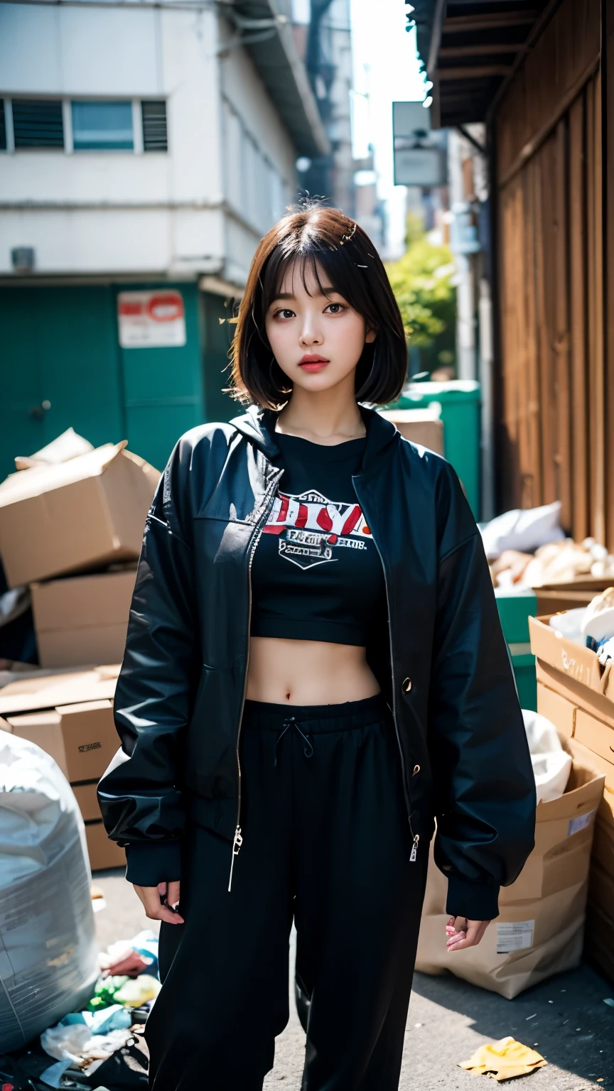 18-year-old,Korean women,(((Facing forward))),Frowning,カメラをGlaring,(Very fine eye), (((Fabric Shading))), (((highest quality))), (((masterpiece))) strong girl, (((Realistic))), Black Hair, chic hairstyle, ((With bangs,Straight medium bob cut, nice hair)), Light makeup,Red eyes, I&#39;m not wearing lipstick,(((Retro-futuristic outfits))), (nice, strong, It Girl), Strong night atmosphere,  Centered Images, Focus on the camera, Elegant colors,Realistic Skin,Realistic texture,８k,whole body,Pale skin, (((Dirty garbage dump))),A huge amount of trash,Red iris,Expressionless,(((He is wearing a big black down jacket. ))),Glaring,Perfect Face,(((Big eyes))),She is wearing wide black hip-hop style pants.,Mouth closed, portrait of aespaのウィンター,She is wearing black streetwear, Woman in black streetwear, Photo of a woman in black tech clothing, Girl wearing black hoodie, Cyberpunk Streetwear, Cyberpunk Streetwear street fashion e-girl,Perfect thumbs up