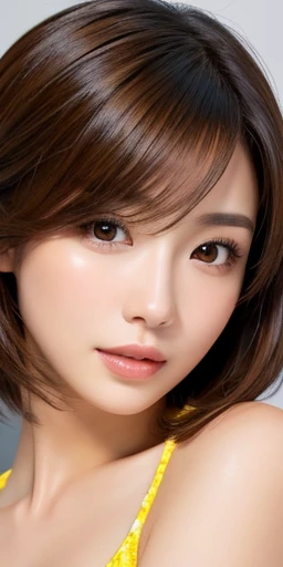 masterpiece、highest quality、High resolution、Tabletop、wallpaper、Realistic、Bright lighting、Professional Lighting、Face Light、Smooth lighting、Japanese women、Adult、Beautiful woman、action、gravure、sexy、poor、so beautiful、Beautiful Skin、Beautiful and detailed、Detailed face、slim、moderately、short hair、Brunette colored hair、Brown eyes、Looking at the camera、I have a lemon