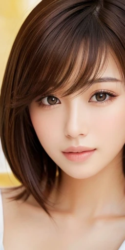 masterpiece、highest quality、High resolution、Tabletop、wallpaper、Realistic、Bright lighting、Professional Lighting、Face Light、Smooth lighting、Japanese women、Adult、Beautiful woman、action、gravure、sexy、poor、so beautiful、Beautiful Skin、Beautiful and detailed、Detailed face、slim、moderately、short hair、Brunette colored hair、Brown eyes、Looking at the camera、I have a lemon