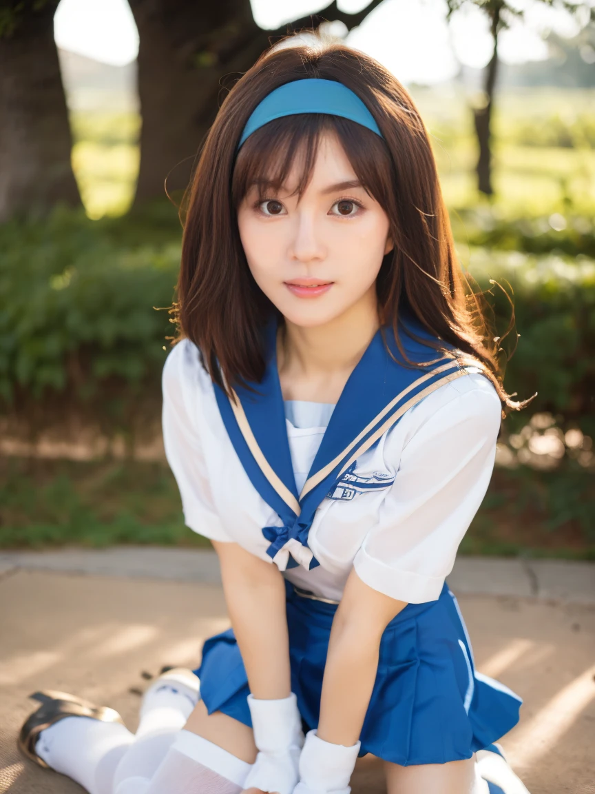 (1 lady), (Best quality at best:1.4), (ultra - detailed), (extremely detailed CG unified 16k), A Beautiful Woman with Perfect Figure: 1.4, Sharp Focus: 1.2, very detailed, High-definition RAW color photo, professional photoshooting, amazing face and eyes, cosmetics, (amazingly beautiful girl), ((suzumiya haruhi)), ((kita high sch0ol uniform, blue sailor collar, blue skirt, armband, hairband, medium hair, ribbon, socks)), standing posture, (look from down), realistic cinematic face, head to feet long wide zoomed out view, full body long view, photorealistic, ((realistic natural caramel brown hair style, brown eyes)), gorgeous, extremely beautiful face, perfect model beauty, pout mouth, Highly Detailed Face and Skin Texture, Detailed Eyes, Double Eyelids, Medium Breasts, joy expression, joyful face, cleavages, western, (masterpiece), best quality, high resolution, extremely detailed, depth of field, cinematic lighting, amazing legs, high heels, clear and well-cared skin, (background: nature, tree, park)