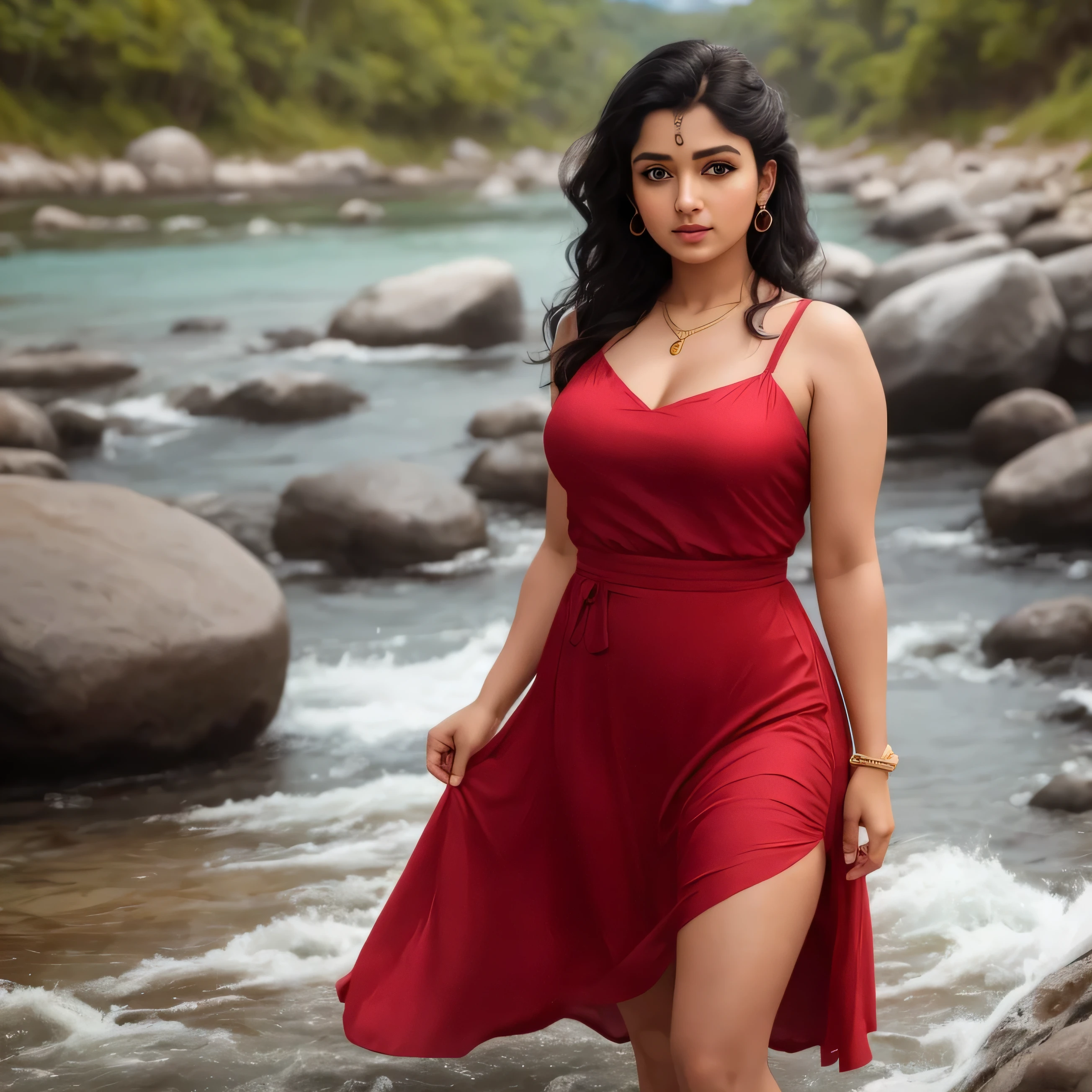 No-one42 a woman, she is wearing red dress, looks like Malayalam actress shalu kurian, body shape like shalu kurian, thick and healthy, not overthick, jewelry, standing near a river, modelshoot style, extremely detailed CG unity 8k wallpaper, 8k uhd, dslr, soft lighting, high quality, film grain, Fujifilm XT, ((realistic))ears, lips, curves, skin, body parts), (eyes symmetry, face symmetry, round deep navel), both (wearing:1.6 embroidered pink sleevless choli, embroidered pink full length skirt), walking in the beach, look at viewer, UHD, K, masterpiece