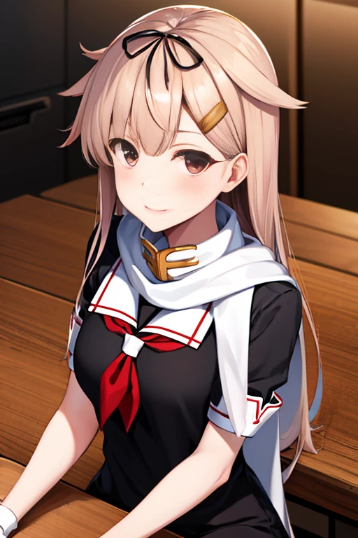 {Perfect Anatomy},(looking at the viewer:1.4),,(table top, highest quality:1.2), High resolution, BREAK, Poi 2, Judas \(Kantai Collection\), Hair flap, White scarf,  Hair Clip, Red neckerchief, black serafuku, Black Skirt, Fingerless gloves, Black Shirt, BREAK,