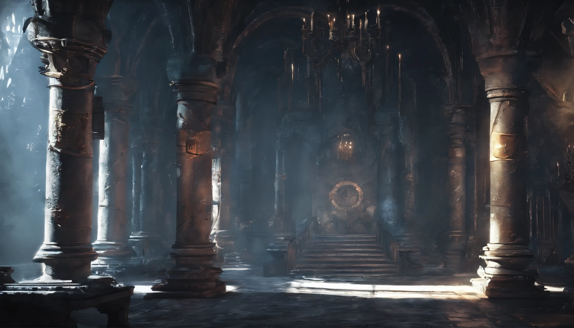 concept art of a interior casttle room. Setting: Interior medieval ruins,casttle ruin,faint light ,Mood: Dark, mysterious ,Weather: Fog and snow ,Hero Element: Human warrior,brave warrior,warrior with a sword ,Design Inspiration: Artstation's fantasy illustrations ,Texture: Weathered stone,fading murals ,Additional details: Crumbling pillars,moss-covered walls,scattered fallen debris,distant echoing sounds ,Image Quality: best quality,highres,ultra-detailed (1.2),photorealistic (1.37) ,Art Style: fantasy,concept art,medieval ,Color Palette: Dark and muted tones, with hints of moonlight shining through the mist ,Lighting: Soft, diffused light filtering through cracks in the walls, creating dramatic shadows
