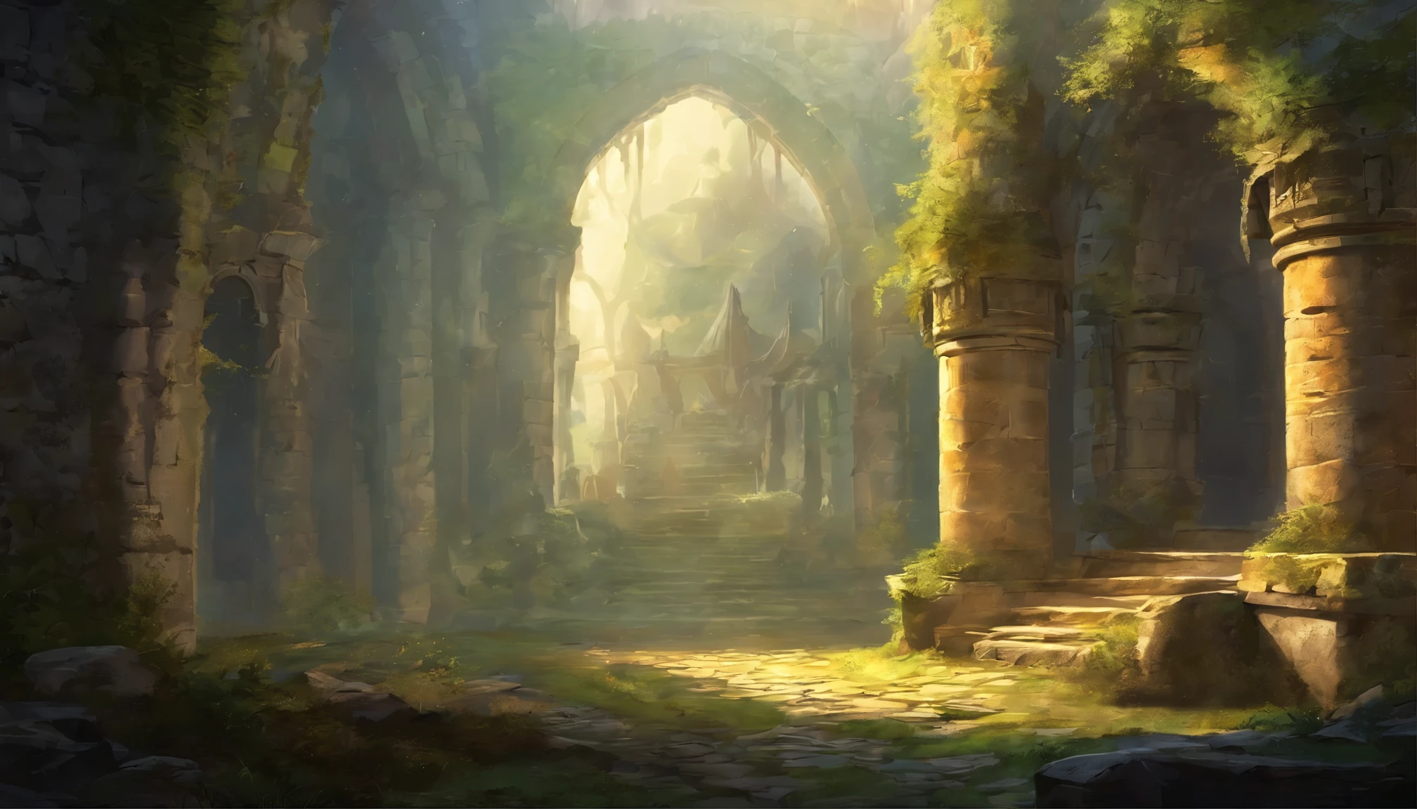 concept art of a interior casttle room. Setting: Interior medieval ruins,casttle ruin,faint light ,Mood: Dark, mysterious ,Weather: Fog and snow ,Hero Element: Human warrior,brave warrior,warrior with a sword ,Design Inspiration: Artstation's fantasy illustrations ,Texture: Weathered stone,fading murals ,Additional details: Crumbling pillars,moss-covered walls,scattered fallen debris,distant echoing sounds ,Image Quality: best quality,highres,ultra-detailed (1.2),photorealistic (1.37) ,Art Style: fantasy,concept art,medieval ,Color Palette: Dark and muted tones, with hints of moonlight shining through the mist ,Lighting: Soft, diffused light filtering through cracks in the walls, creating dramatic shadows