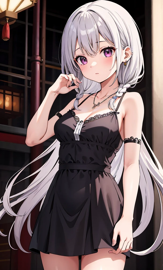 Masterpiece, best quality, 1girl, rain, messy hair, incredibly long hair, smile, shyness, gray hair, purple eyes, delicate jewelry, navel