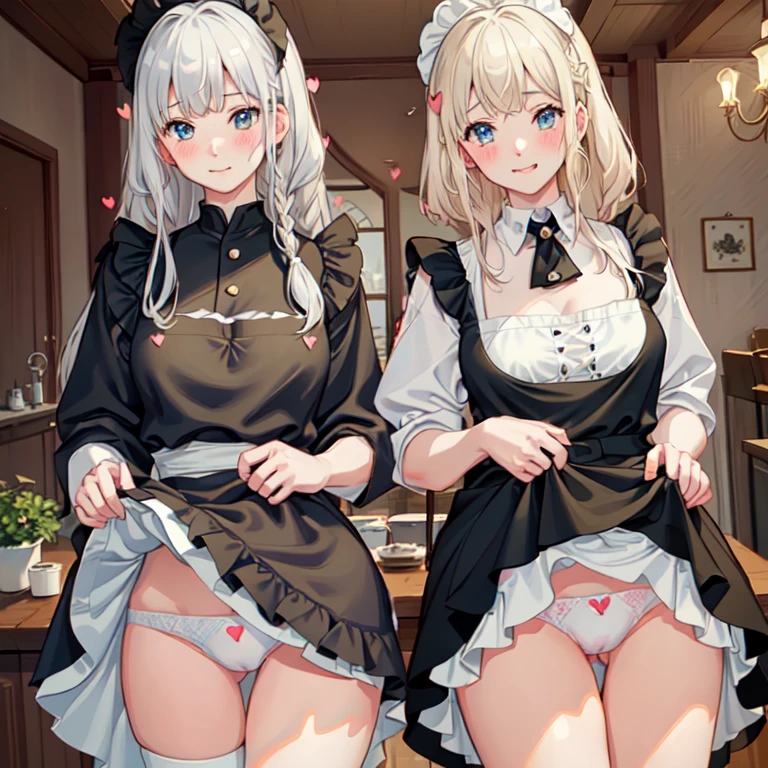 highest quality、masterpiece、((2 girls))、((smile))、(blush:1.3)、Black Shirt、blouse、((fun!!))、(Small breasts)、(One-strand braid)、(Blonde)、()、((White apron:1.5))、((Maid))、((hair ornaments)),、Kamimei、look at me、 ((in house:1.5))、 Taking a break from watching the audience、Cowboy Shot、(Skirt lift:1.3),(Highly detailed white panties:1.3)、(Highly detailed panties:1.3)、、(スカート that rolls up:1.3)、(Panties fully exposed:1.5)、Light blue eyes、long hair、((spoken heart:1.5))