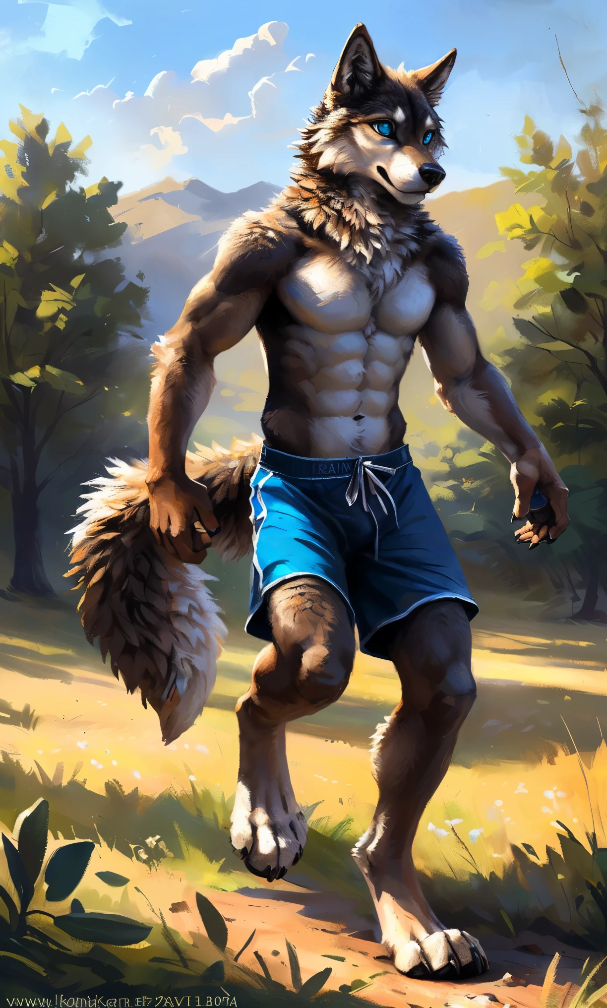 ((Solo)), male people, anthro wolf, (Multi-colored fur, White-brown:1.3，White tail pointed), (Height 2.1m,Tail length 1.2m), ((Wolf face, Big eyes, White eyelids, Blue pupil, Slim:1.2) (Tough, Calm expression:1.2)), Abs, Slim, pinging)), (Correct anatomy), (Work shorts:1.1), The upper body  naked, (detailed outfits),A long big tail，Feet，(Realistic fur, Detailed fur texture, labeled:1.3)), (Natural lighting), Photorealistic, Hyperrealistic, ultradetailed, by Kenket，Field，erect through，Running on