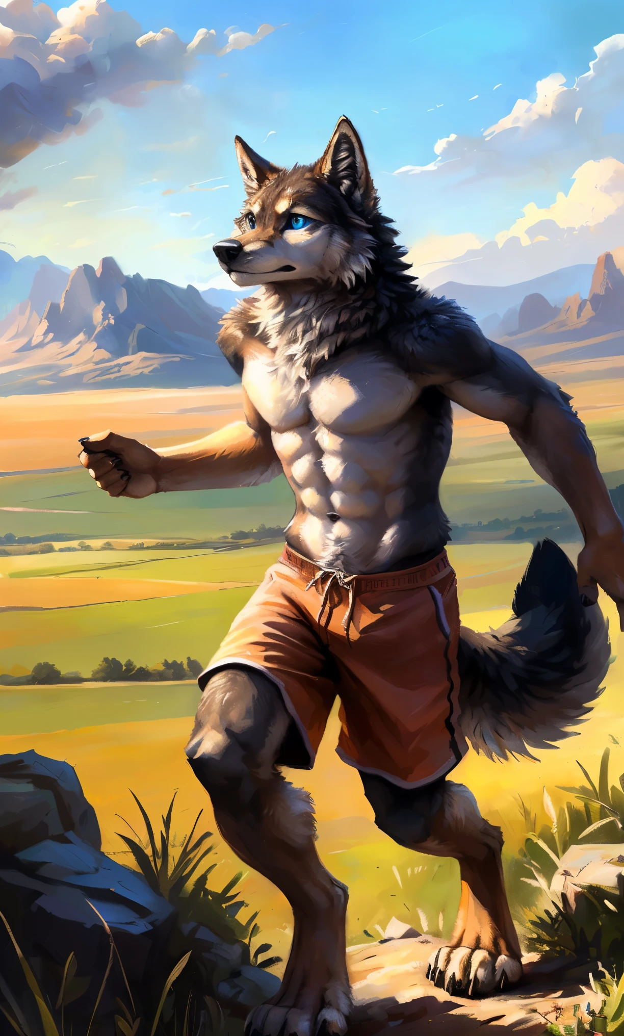 ((Solo)), male people, anthro wolf, (Multi-colored fur, White-brown:1.3，White tail pointed), (Height 2.1m,Tail length 1.2m), ((Wolf face, Big eyes, White eyelids, Blue pupil, Slim:1.2) (Tough, Calm expression:1.2)), Abs, Slim, pinging)), (Correct anatomy), (Work shorts:1.1), The upper body  naked, (detailed outfits),A long big tail，Feet，(Realistic fur, Detailed fur texture, labeled:1.3)), (Natural lighting), Photorealistic, Hyperrealistic, ultradetailed, by Kenket，Field，erect through，Running on