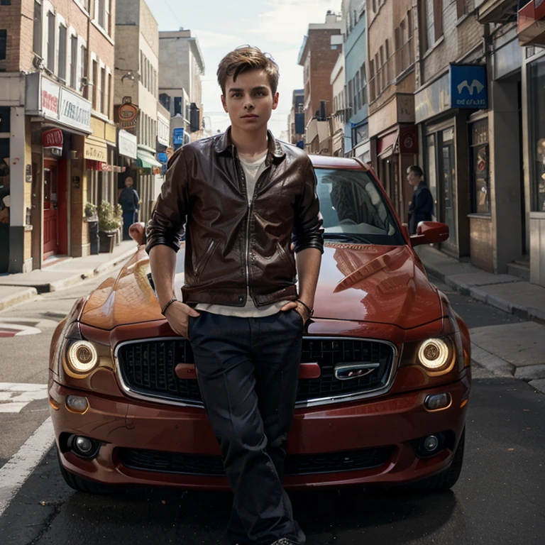 A boy with a car drink red Vine Street futuris tic background realistid