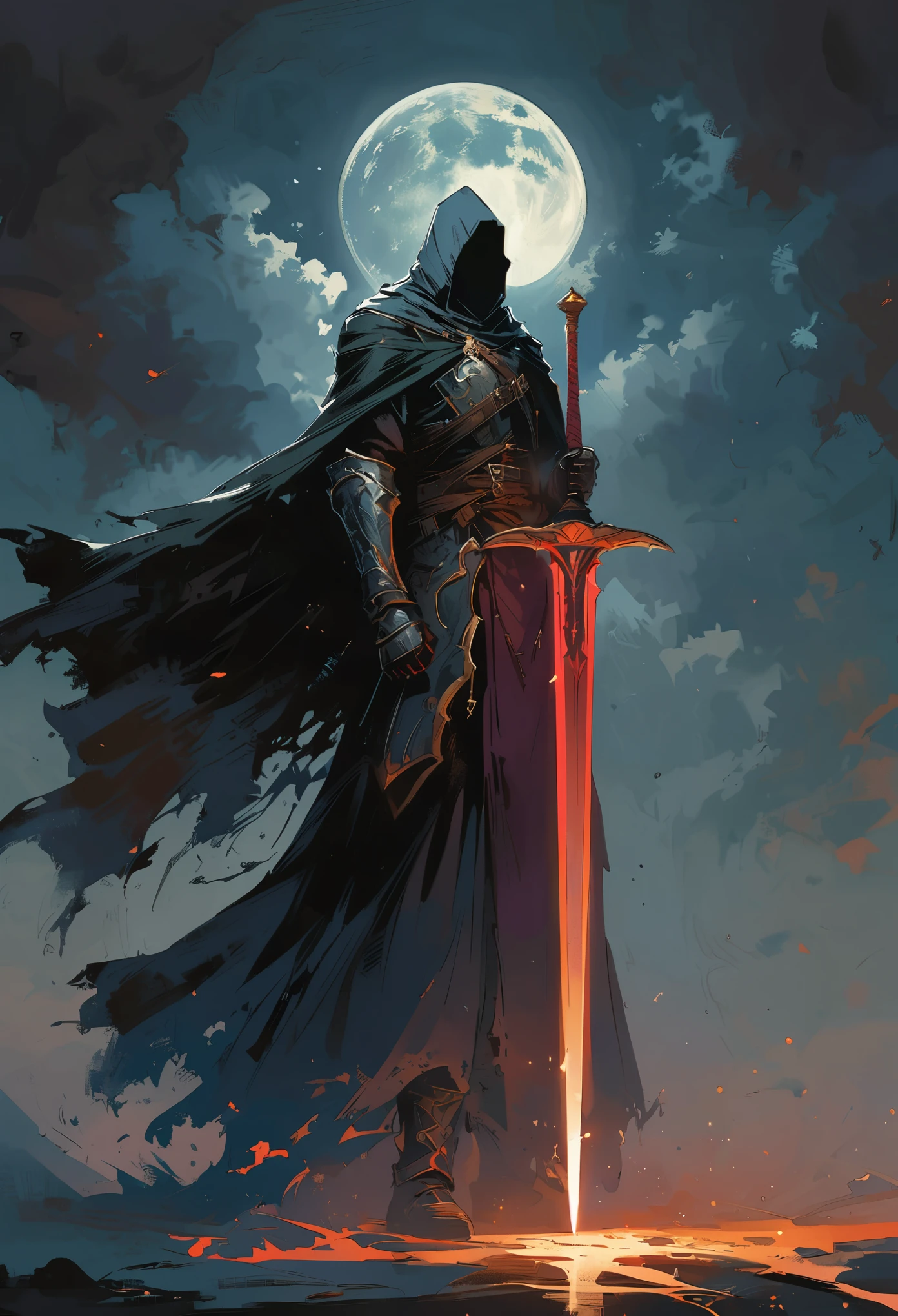 A giant sword with its tip pointing up in front of a black cape, with a dark fantasy illustration against a dark sky and light moon background, in the style of Yoji Shinkawa.