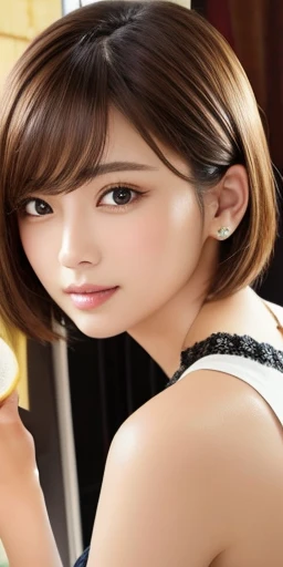 masterpiece、highest quality、High resolution、Tabletop、wallpaper、Realistic、Bright lighting、Professional Lighting、Face Light、Smooth lighting、Japanese women、Adult、Beautiful woman、action、gravure、sexy、poor、so beautiful、Beautiful Skin、Beautiful and detailed、Detailed face、slim、moderately、short hair、Brunette colored hair、Brown eyes、Looking at the camera、I have a lemon、From the waist up