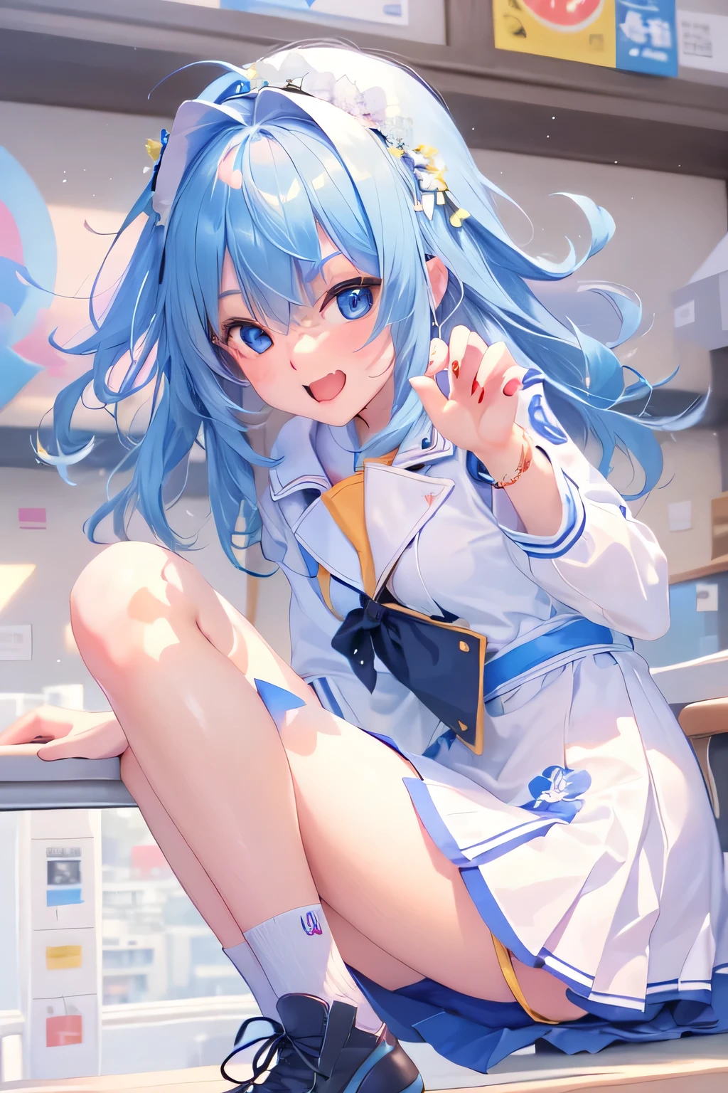 One Girl、Cute beautiful girl、((Show off your thighs))、(Japan uniform)、(Wearing a white shirt)、((navy blue micro mini skirt))、(Flipping skirt)、(sky blue hair)、()、Summer clothes、Light Smile、Sit on、(Spread your legs)、Pause、(School classroom)、highest quality、Photo Real