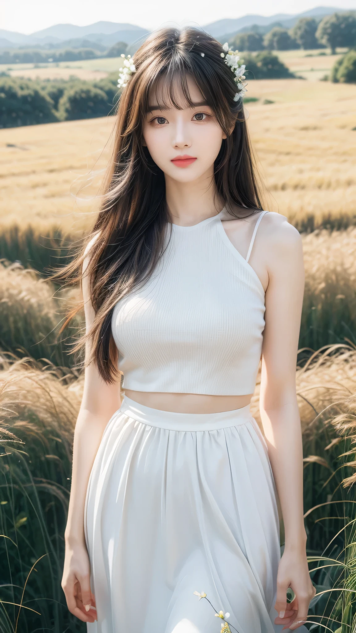 masterpiece, best quality, Ultra-high resolution, detailed illustration, portrait, detailed, 1 girl standing in a wheat field, Solitary, Long hair, skirt, flower, White Hanfu, Smile, whole body, white flower, Bare shoulders, very Long hair, Light green hair, Shut up, For the audience, Bangs,