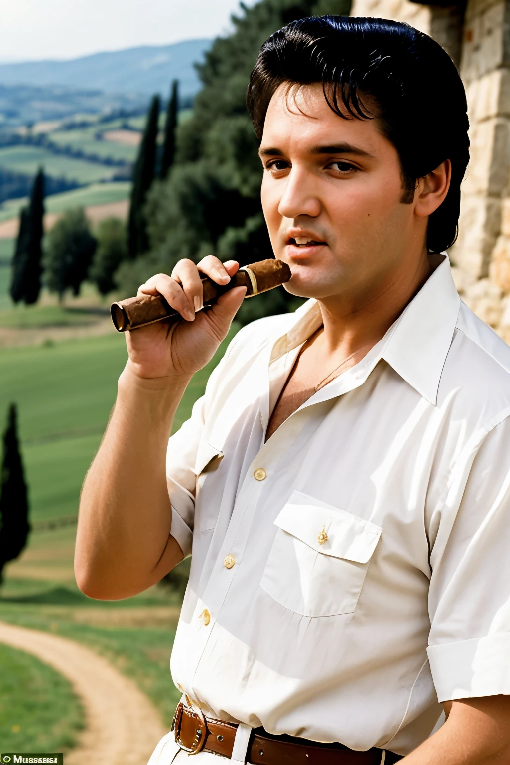 ((best quality)), ((masterpiece)), (detailed),perfect face,Elvis Presley,background Tuscany,beautiful dress,next to an elderly farmer with a cigar