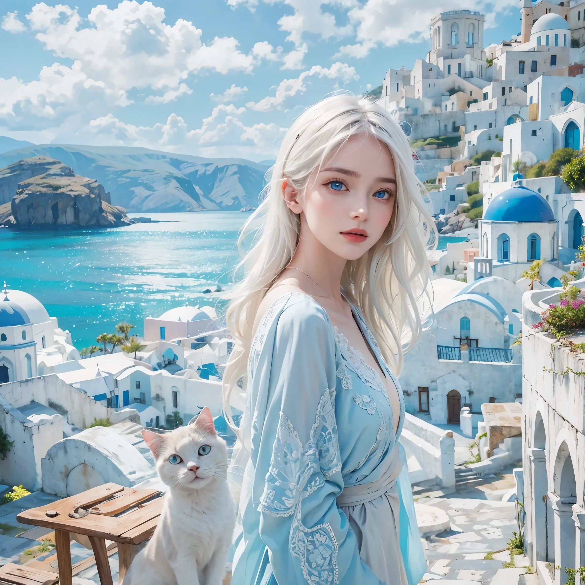 connect naturally,white cat with blue eyes,two yachts in the sea,white domed roof