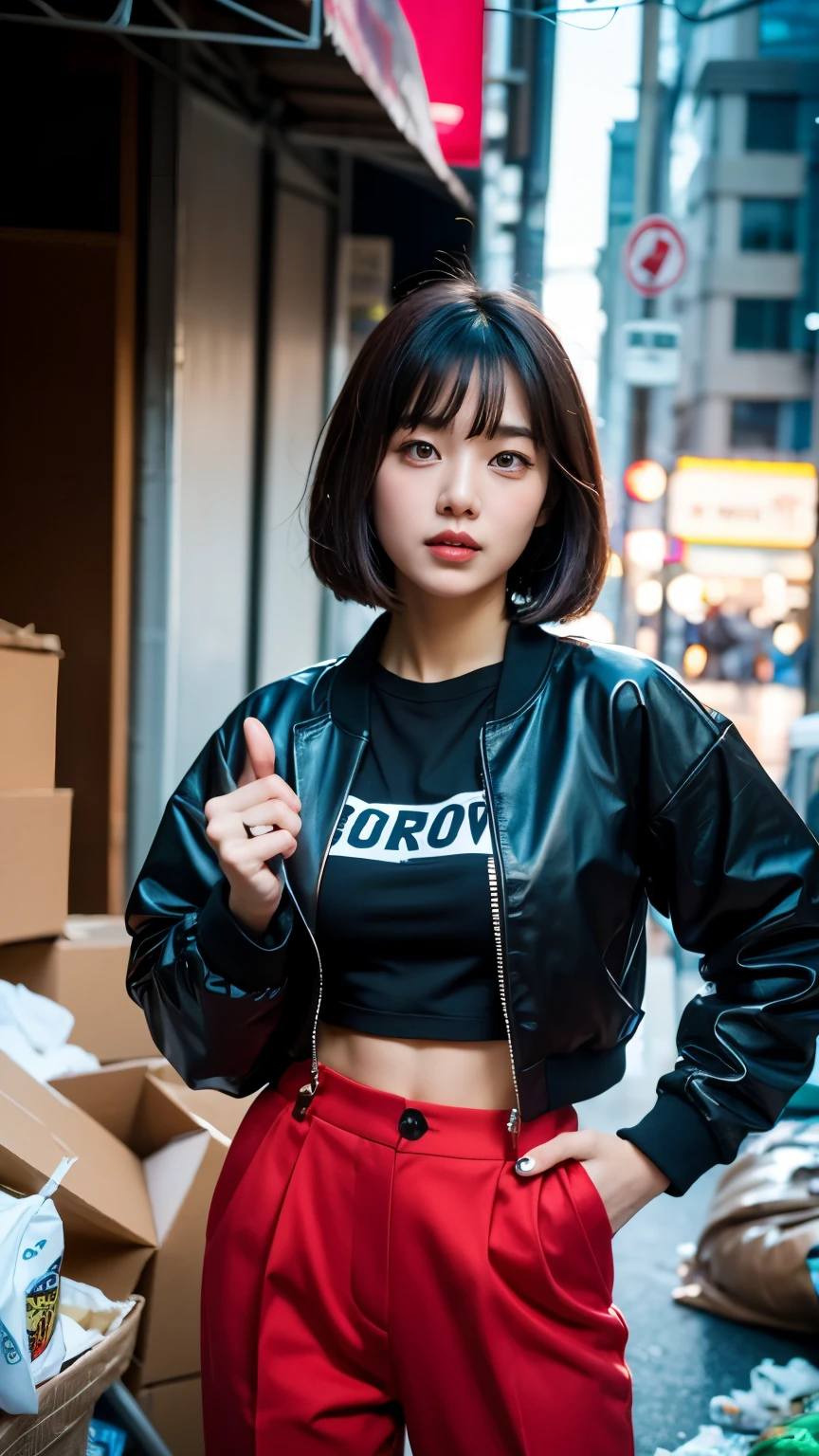 18-year-old,Korean women,(((Facing forward))),Frowning,カメラをGlaring,(Very fine eye), (((Fabric Shading))), (((highest quality))), (((masterpiece))) strong girl, (((Realistic))), Black Hair, chic hairstyle, ((With bangs,Straight medium bob cut, nice hair)), Light makeup,Red eyes, I'm not wearing lipstick,(((Retro-futuristic outfits))), (nice, strong, It Girl), Strong night atmosphere, Centered Images, Focus on the camera, Elegant colors,Realistic Skin,Realistic texture,8k,whole body,Pale skin, (((Dirty garbage dump))),A huge amount of trash,Red iris,Expressionless,(((He is wearing a big black down jacket. ))),Glaring,Perfect Face,(((Big eyes))),She is wearing wide black hip-hop style pants.,Mouth closed, portrait of aespaのウィンター,She is wearing black streetwear, Woman in black streetwear, Photo of a woman in black tech clothing, Girl wearing black hoodie, Cyberpunk Streetwear, Cyberpunk Streetwear street fashion e-girl,The perfect thumbs down