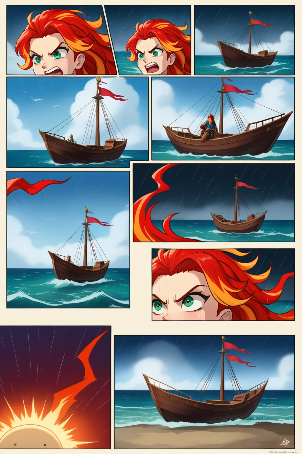 Panel 1
Image: A wide shot of a stormy sea. Dark clouds churn overhead, and giant waves crash
against a rocky coastline. In the distance, a small ship with tattered sails struggles to stay afloat.
Text: The year is 1718. Captain Esmeralda, "Emerald Eye" to her crew, was a fearsome pirate,
known for her cunning and bravery.
Panel 2
Image: A close-up of the ship's deck. Esmeralda, a woman with fiery red hair and a fierce
expression, stands at the helm, gripping the wheel tightly. Rain lashes at her face as she shouts
orders to her crew, a diverse group of pirates scrambling to secure the sails.
Text: But even Emerald Eye couldn't control the fury of the ocean.
Panel 3
Image: The ship is tossed violently by a wave. A large crack appears in the hull, and water
begins to pour in. The crew looks on in horror.
Text: A sudden squall ripped through their sails, and a monstrous wave slammed into their ship.
Panel 4
Image: Esmeralda, soaked but determined, grabs a lifeboat from the deck and throws it
overboard.
Text: Seeing their vessel doomed, Esmeralda ordered her crew to abandon ship.
Panel 5
Image: A split panel. On one side, the pirates scramble into the lifeboat, fear etched on their
faces. On the other side, Esmeralda stands at the helm, a single tear rolling down her cheek.
Text: With a heavy heart, she prepared to face the storm alone.
Panel 6
Image: A full-page splash of Esmeralda in the lifeboat, adrift in the raging sea. Lightning
illuminates the sky, and giant waves crash around the small vessel. Esmeralda, however, holds
her head high, a look of defiance in her eyes.
Text: But Emerald Eye wasn't one to give up easily. She knew the sea held its secrets, its
treasures, and its dangers. And she was determined to survive.