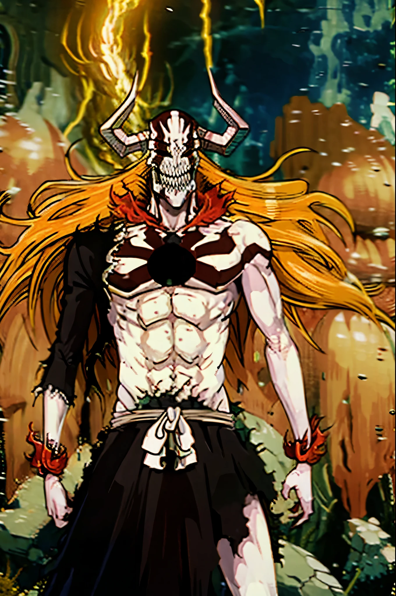 Ichigo Vasto Lorde, monstrous, long orange hair, standing upright staring towards the camera, radiating demonic power, monstrous, destructive, radiating a cool anger, sharp lines, detailed, rigid, detailed. well drawn face, unblurred, detailed, neat, organized