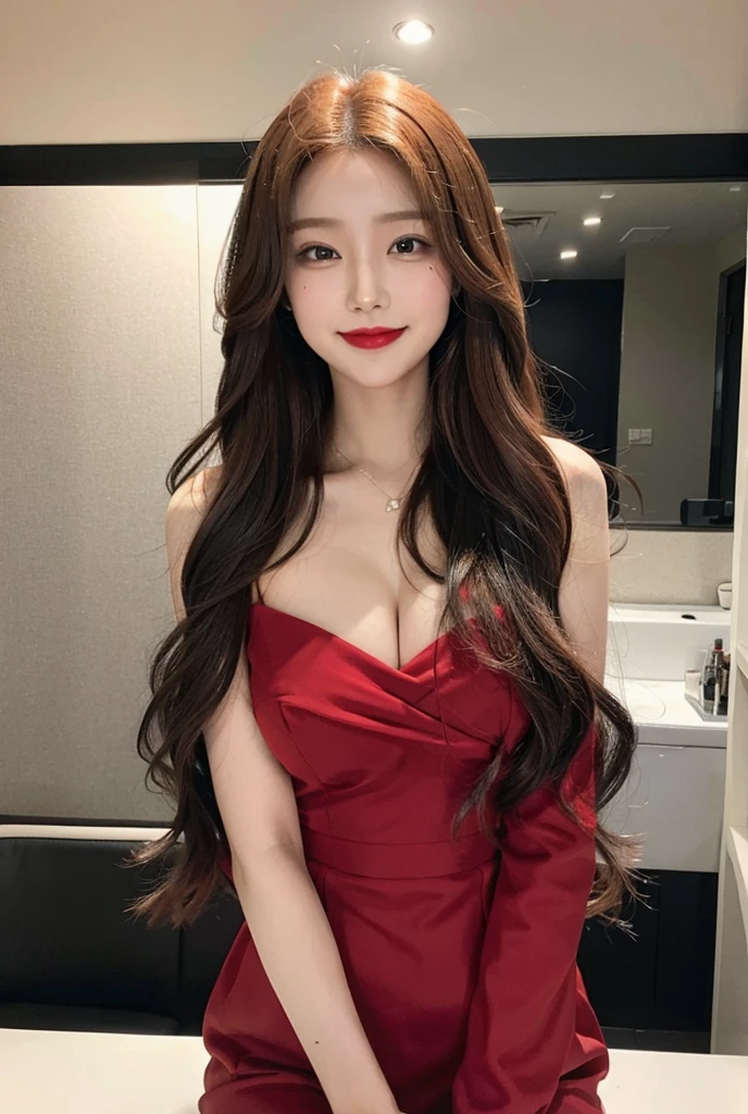 1woman, long hair, red hair, red lipstick, smile, red dress suit, black stocking leg, bow in head,