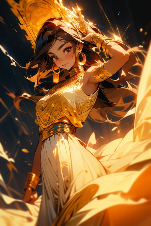 A young South Asian woman in her late s, with flawless, sun-kissed skin. Large, expressive eyes with kind eyes and a warm smile. Long, flowing dark hair adorned with intricate gold jewelry. Dressed in a flowing white dress with gold embroidery, reminiscent of ancient Greece but with South Asian influences.