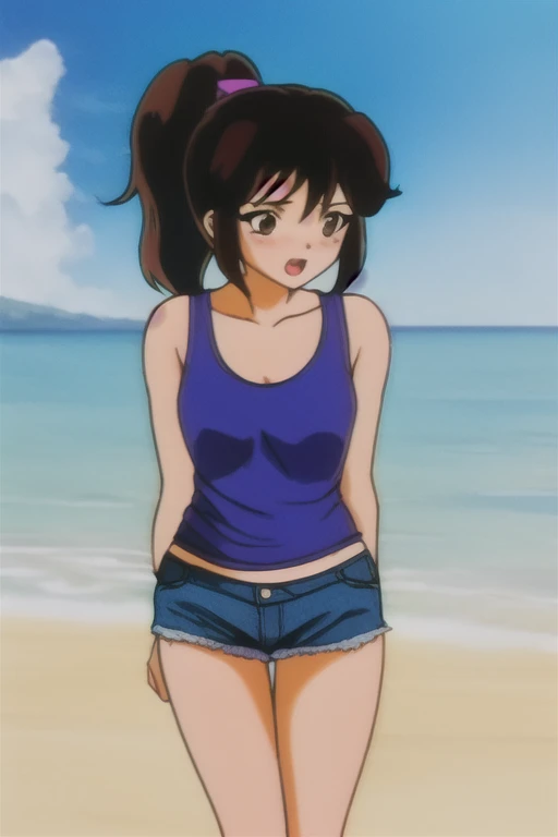 tomoko, One Girl, alone, length_hair, blush, Open_mouth,Embarrassing,前hair, Simple_background, Brown_hair, black_hair,Brown_eye,clavicle,Beach,Ocean,cloud,Ocean岸,blue null,Day,Outdoor,null,it was foggy,(Between the legs:1.1),(Between the legs tendon:1.2),Shorts,One Girl,Between the legs,chest,((valley)),belly button,Expose your shoulders,Are standing,clavicle,Cowboy Shot,Shorts,No sleeve,abdomen,ponytail,short Shorts,eyelash,No sleeve shirt,Tank top,denim,blue Shorts,denim Shorts,