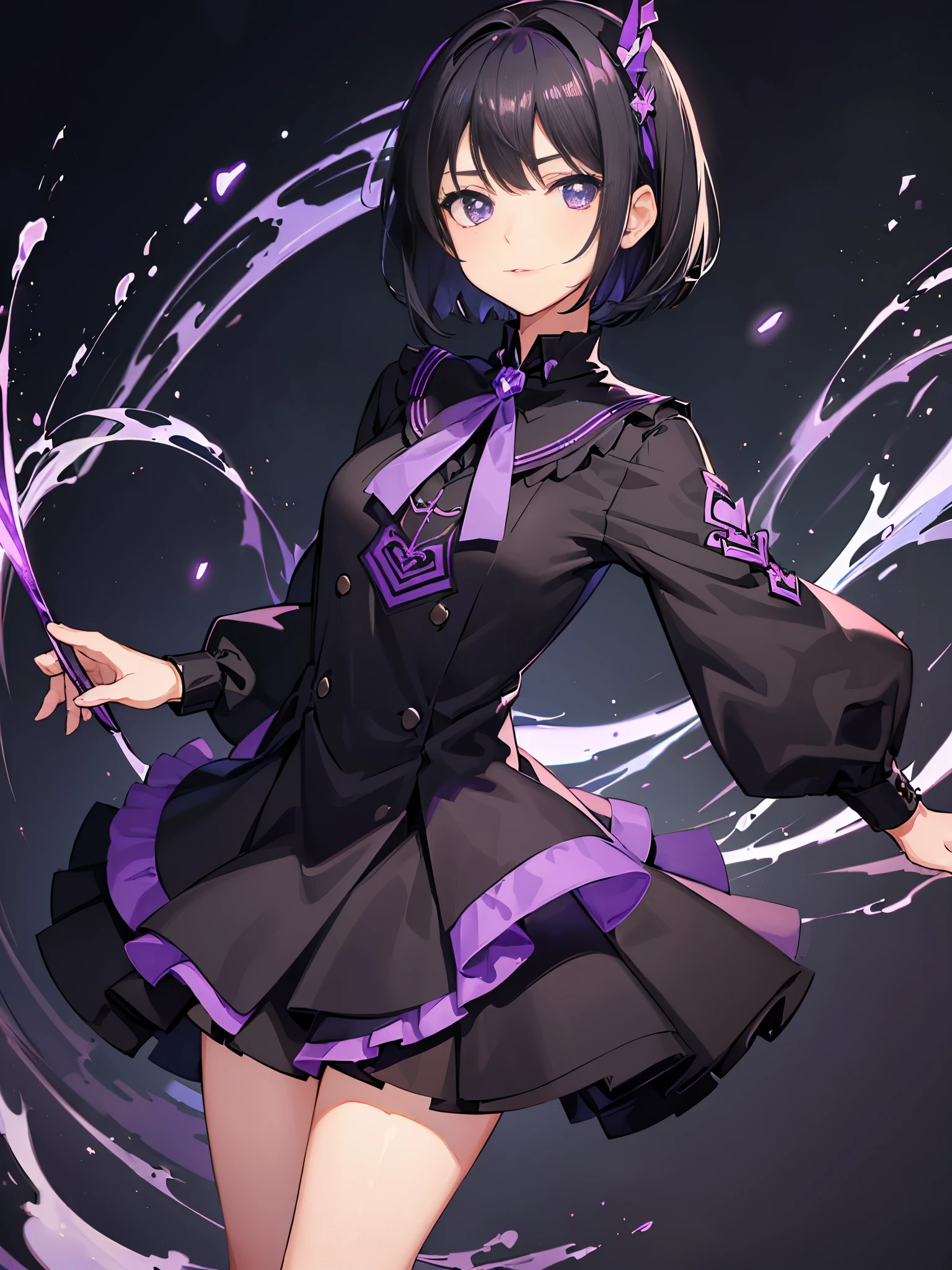 ((a girl)), ((black hair)), ((short hair)), ((violet eyes)), ((idol costume)), ((seifuku)), high quality