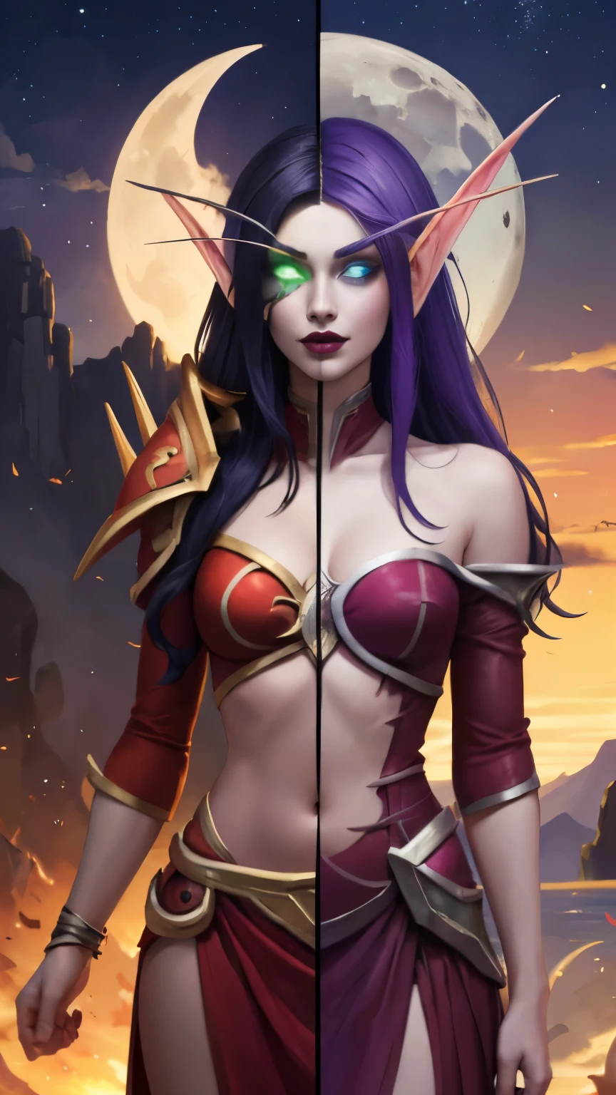 (Masterpiece, highly detailed, highly quality,  highly resolutions), 2 Pointy Ears, 2 eyebrows, line between the middle, Split Colored Hair in the Middle, cut the screen in the Middle, cut the Sun and Moon in Half, Split Colored Lips in the Middle, ({{BREAK nightelf, SplitScreen, split screen, Left screen, Happy faces, glowing eyes, left blue eyes, left Purple Hair, colored skin, mature female, purple Dress, purple shoulder pad, Navel, purple lips, looking at viewer, night, Sleeve, Long eyebrows, Princess of the Moon, Moon Background, left Half Moon center}}), vs, (BREAK bldelf, SplitScreen, splitscreen, Right Screen, Happy Faces, glowing eyes, right Green eyes, right Blonde hair, colored sclera, mature female, Red Dress, red shoulder pad, Navel, red lips, looking at viewer, day, Sleeves, long Eyebrows, Princess of the Sun, Sun Background, right Half Sun center))