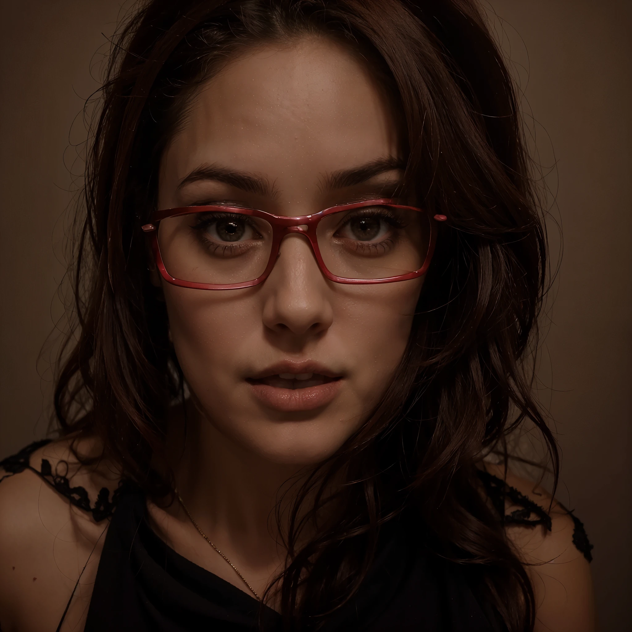 high definition image, goddess of breasts, a woman, round face, eyes realistic sizing, drooping eyes, smiling, small breasts, unbuttoned see-through mesh cardigan, close-up her breasts, nipples, ((touching breasts and nipples)), long dark red hair, (ringlets hair, stylish glasses), ecstasy face, open mouth, ((student, on the street, trees, buildings)), she has freckles a little, apply lipsticks, thin necklace, body piercing,